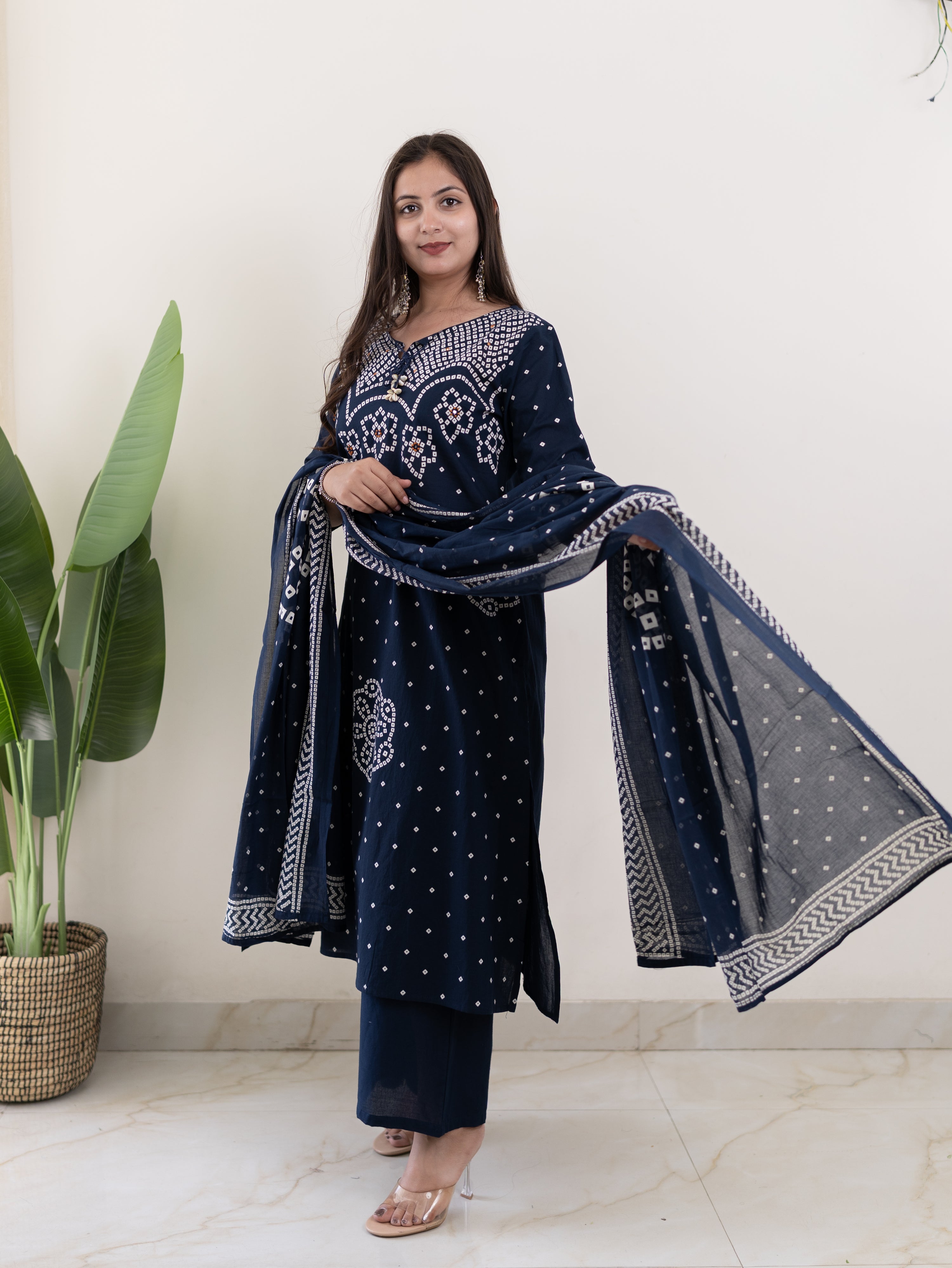 Mishi Navy Blue Cotton Bandhani Straight Dupatta Set