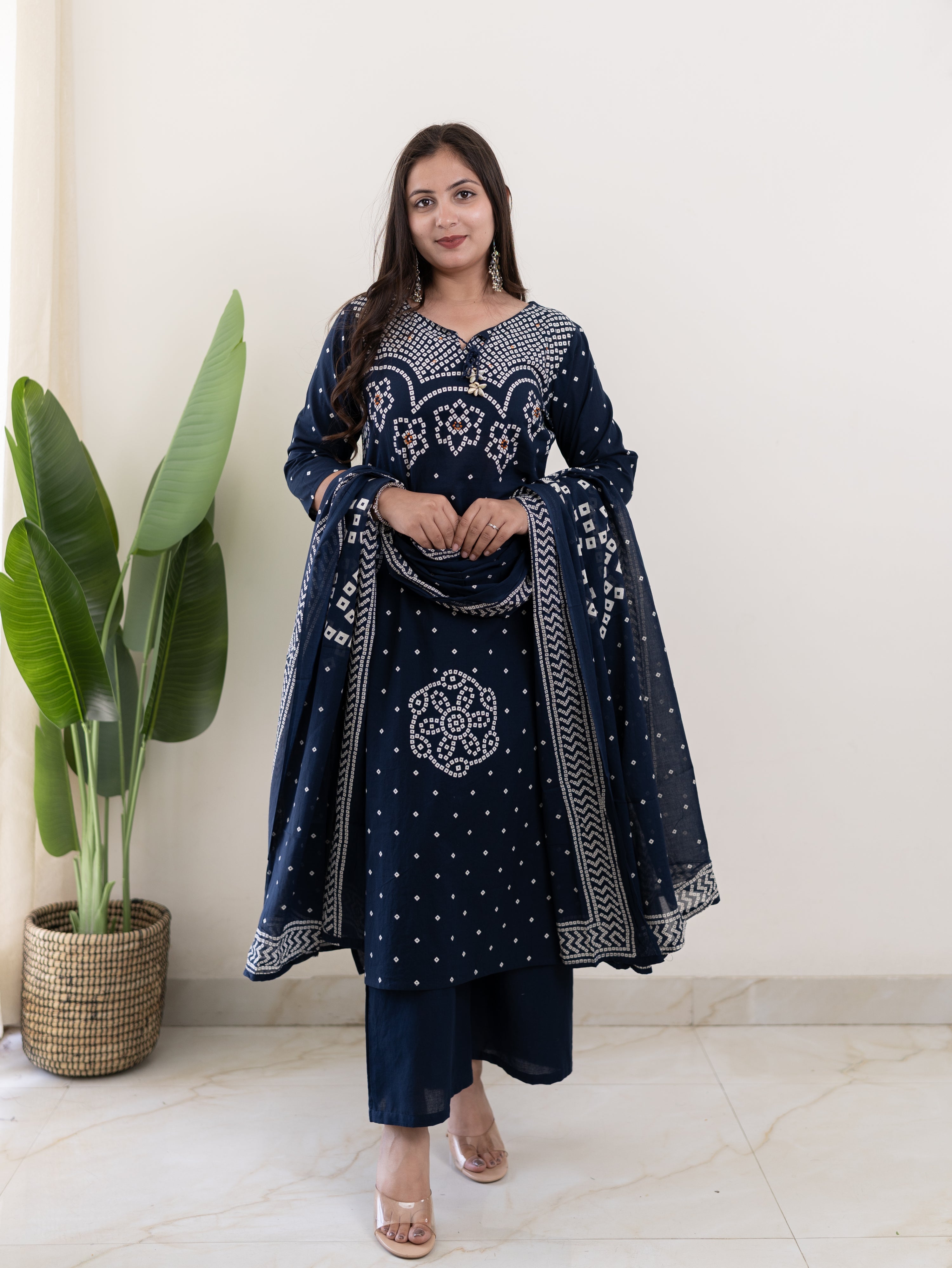 Mishi Navy Blue Cotton Bandhani Straight Dupatta Set