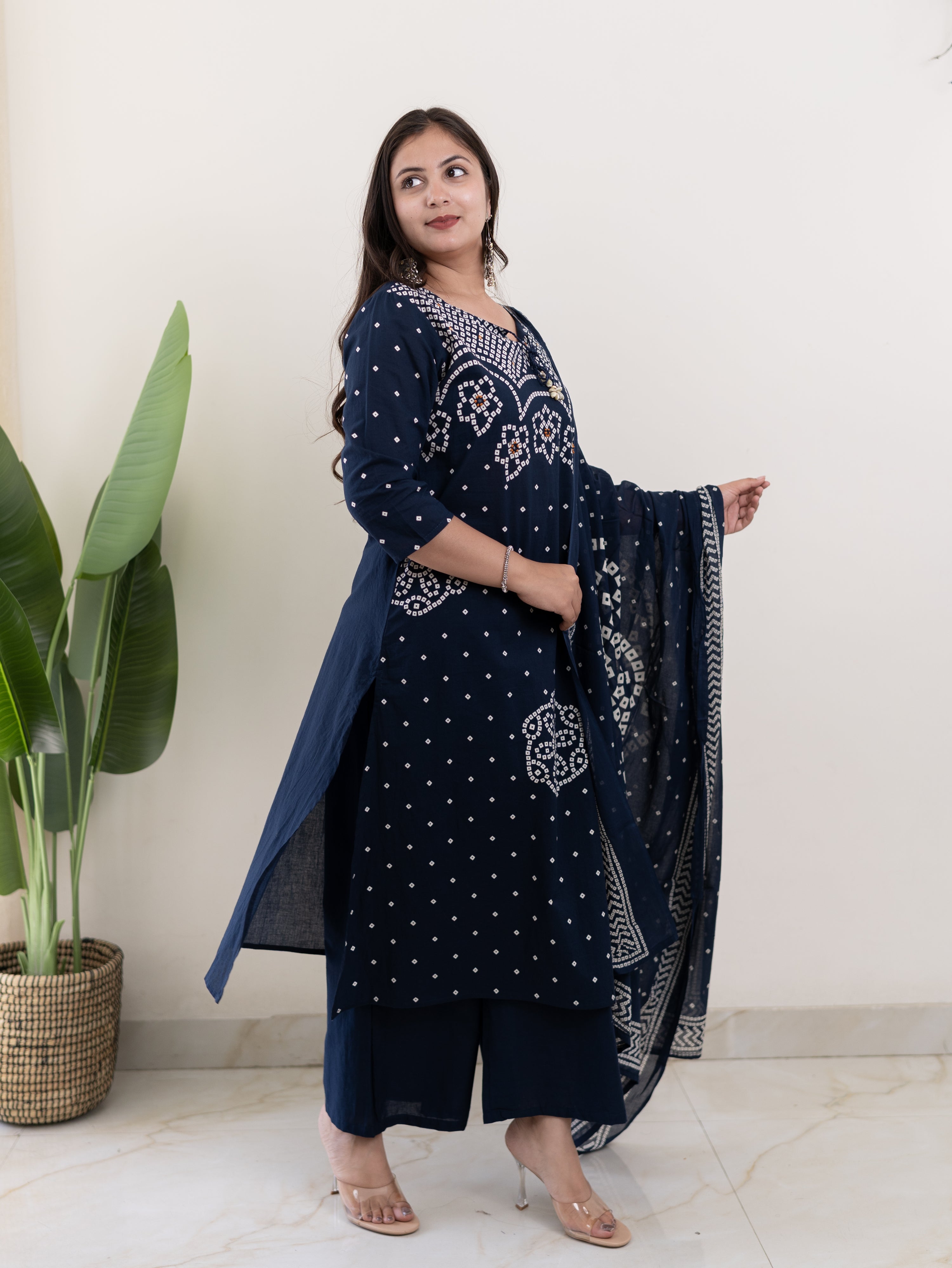 Mishi Navy Blue Cotton Bandhani Straight Dupatta Set