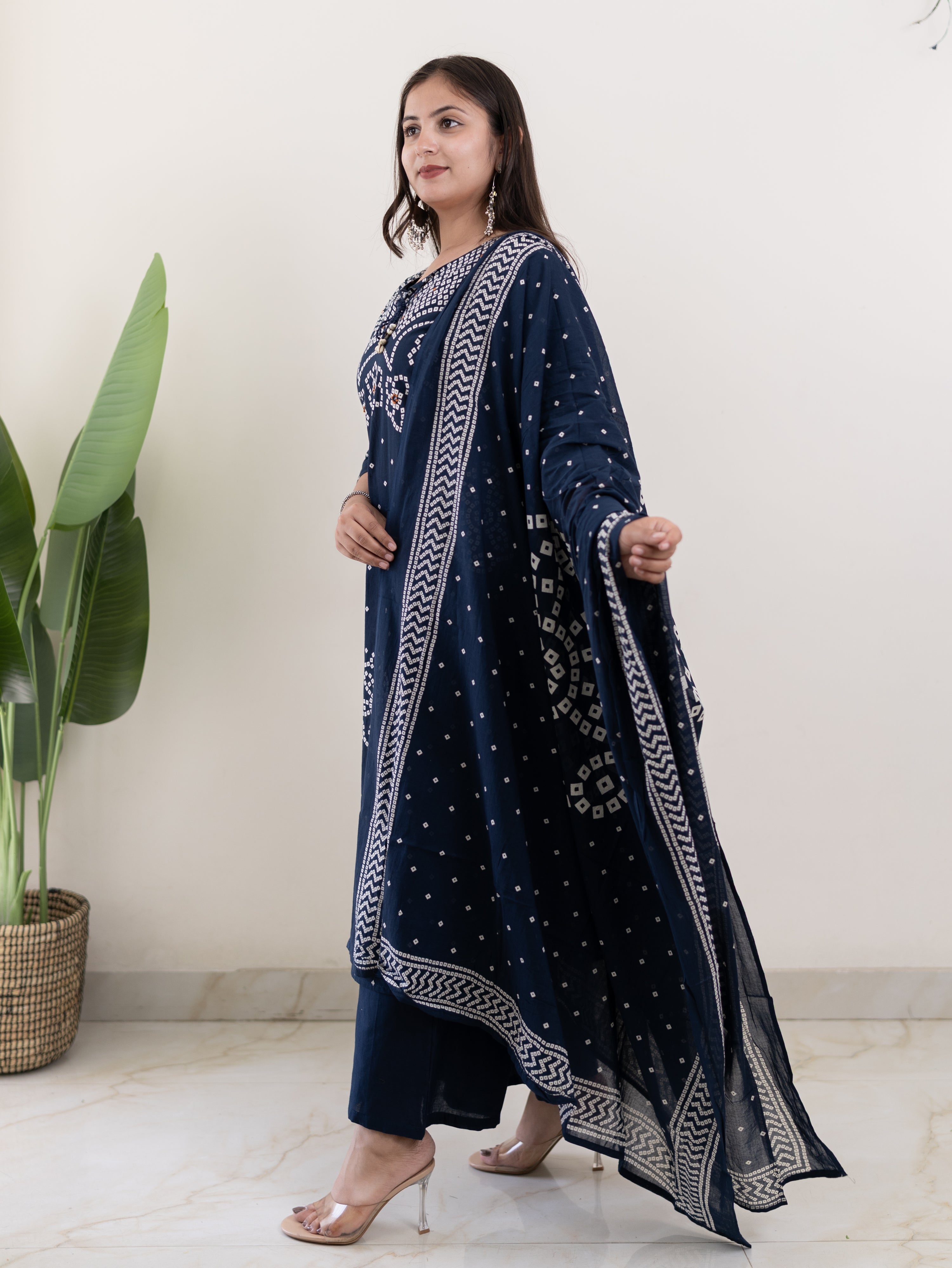 Mishi Navy Blue Cotton Bandhani Straight Dupatta Set