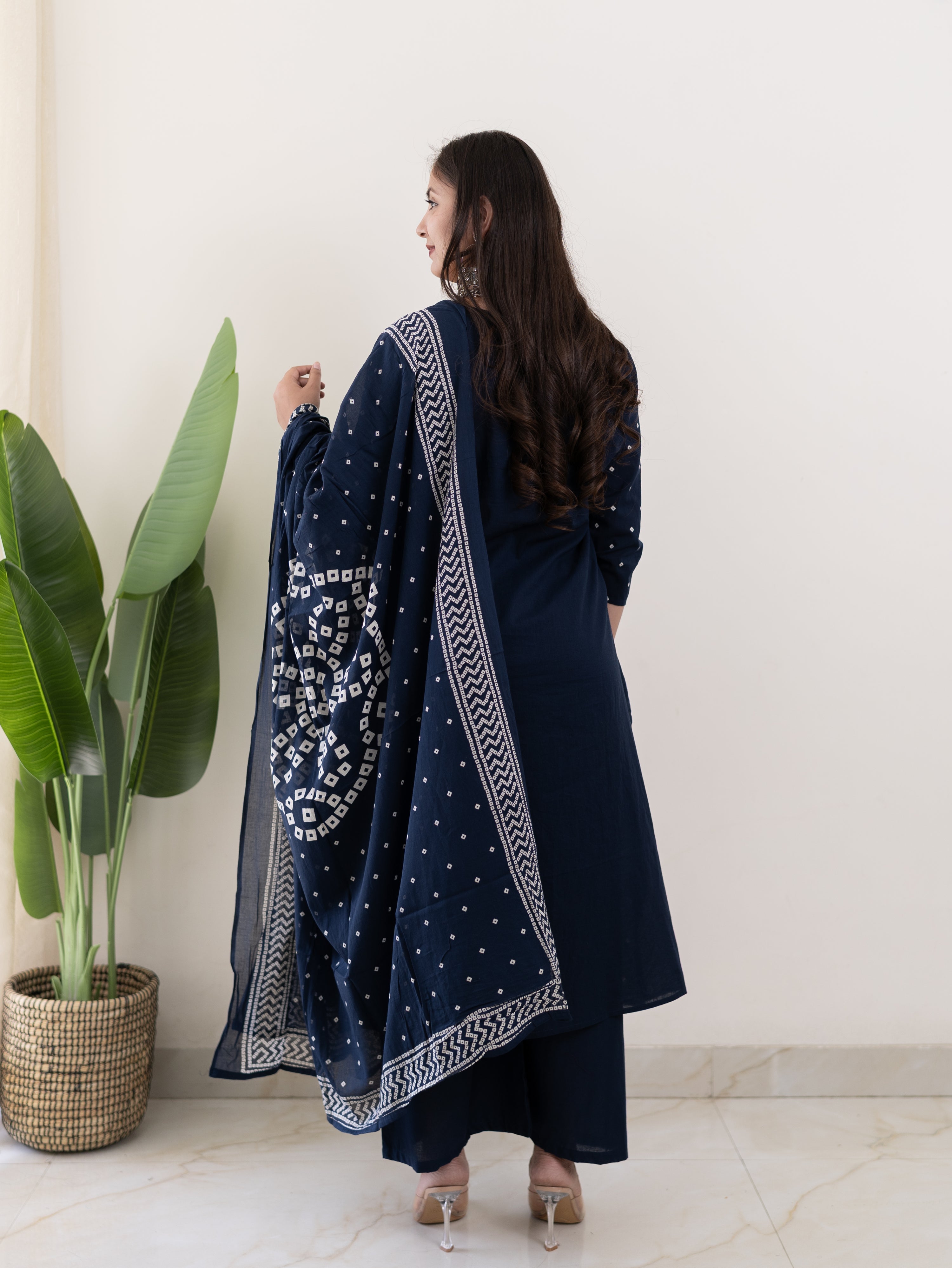 Mishi Navy Blue Cotton Bandhani Straight Dupatta Set