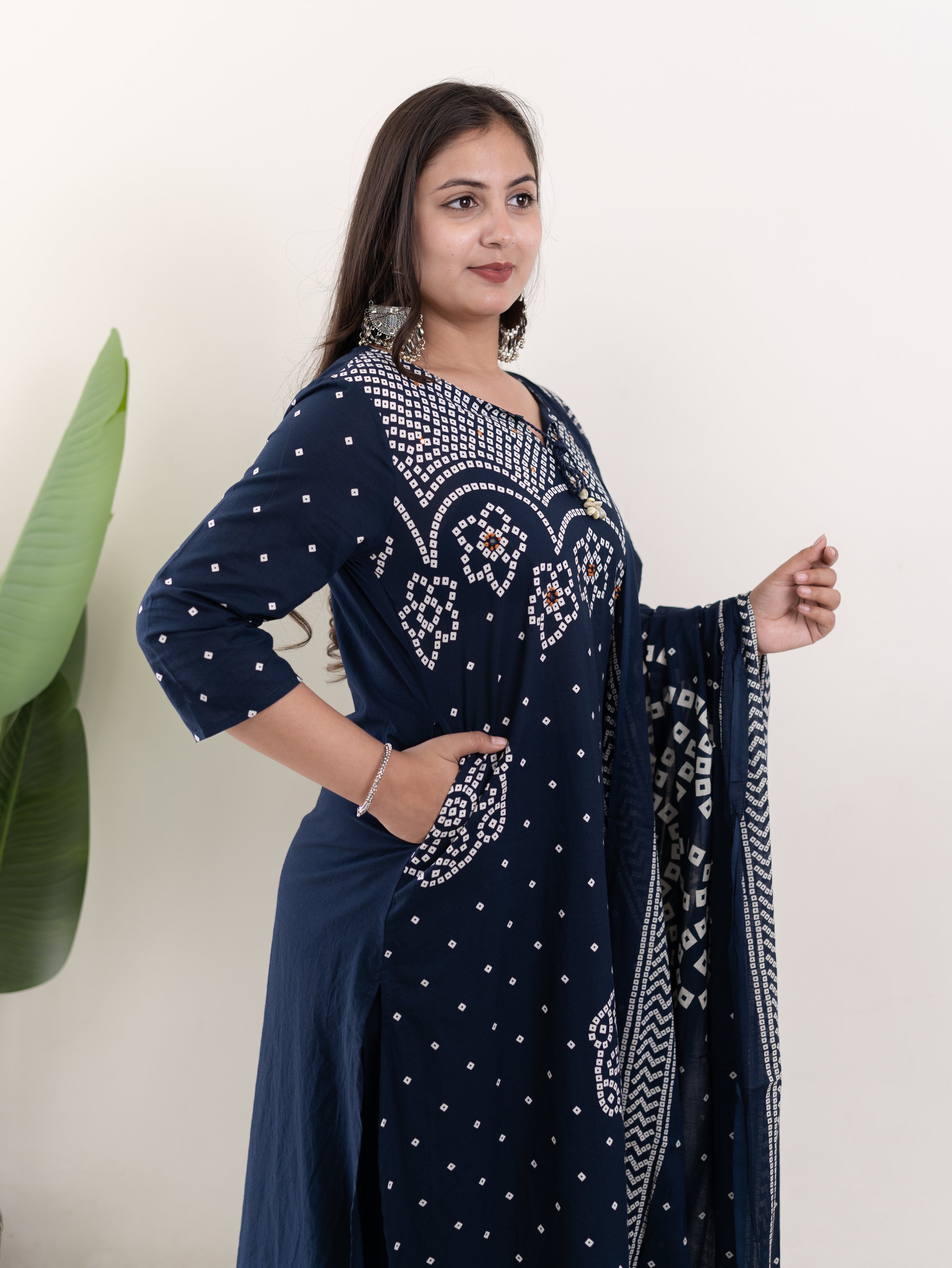 Mishi Navy Blue Cotton Bandhani Straight Dupatta Set