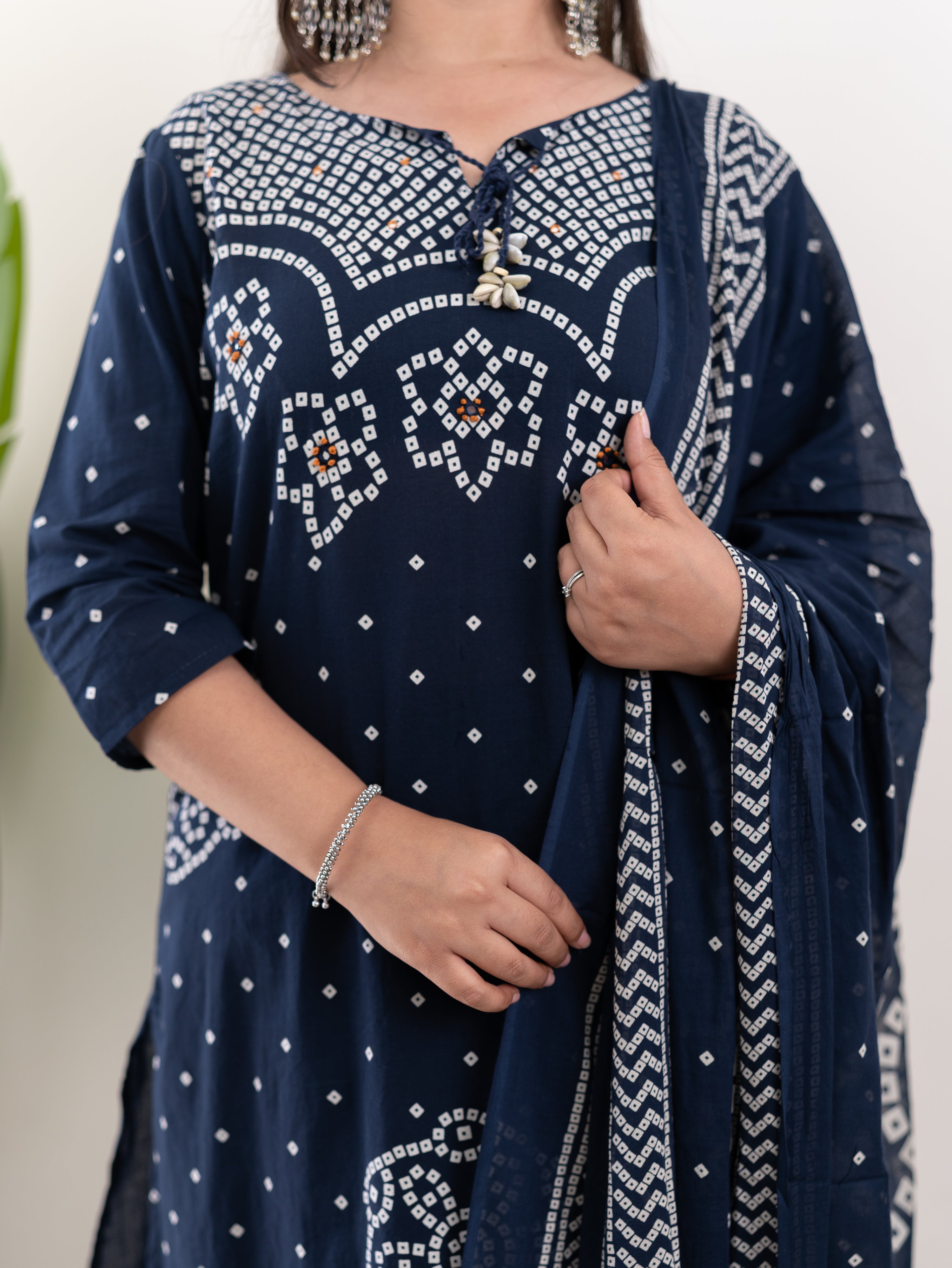Mishi Navy Blue Cotton Bandhani Straight Dupatta Set