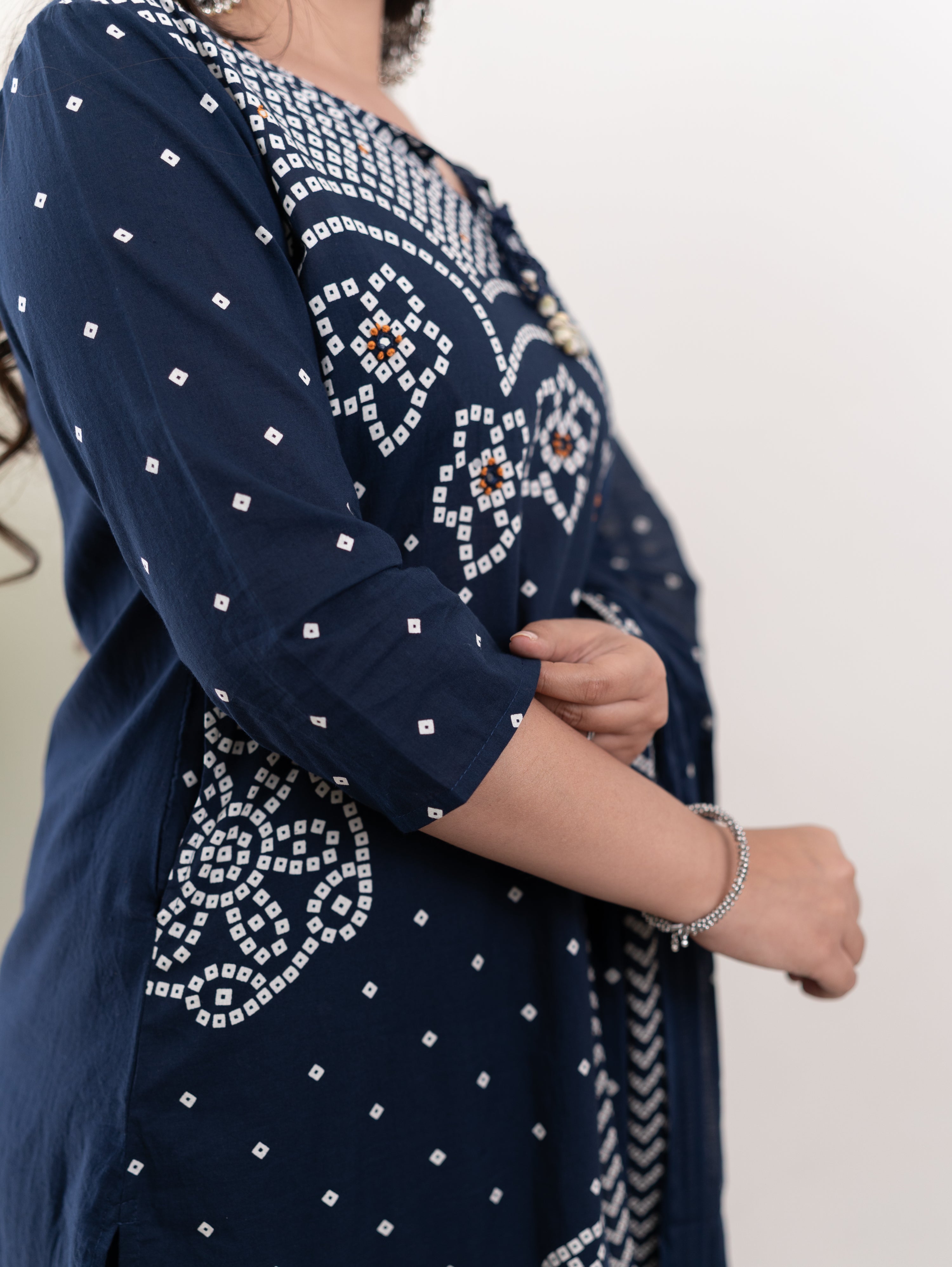 Mishi Navy Blue Cotton Bandhani Straight Dupatta Set