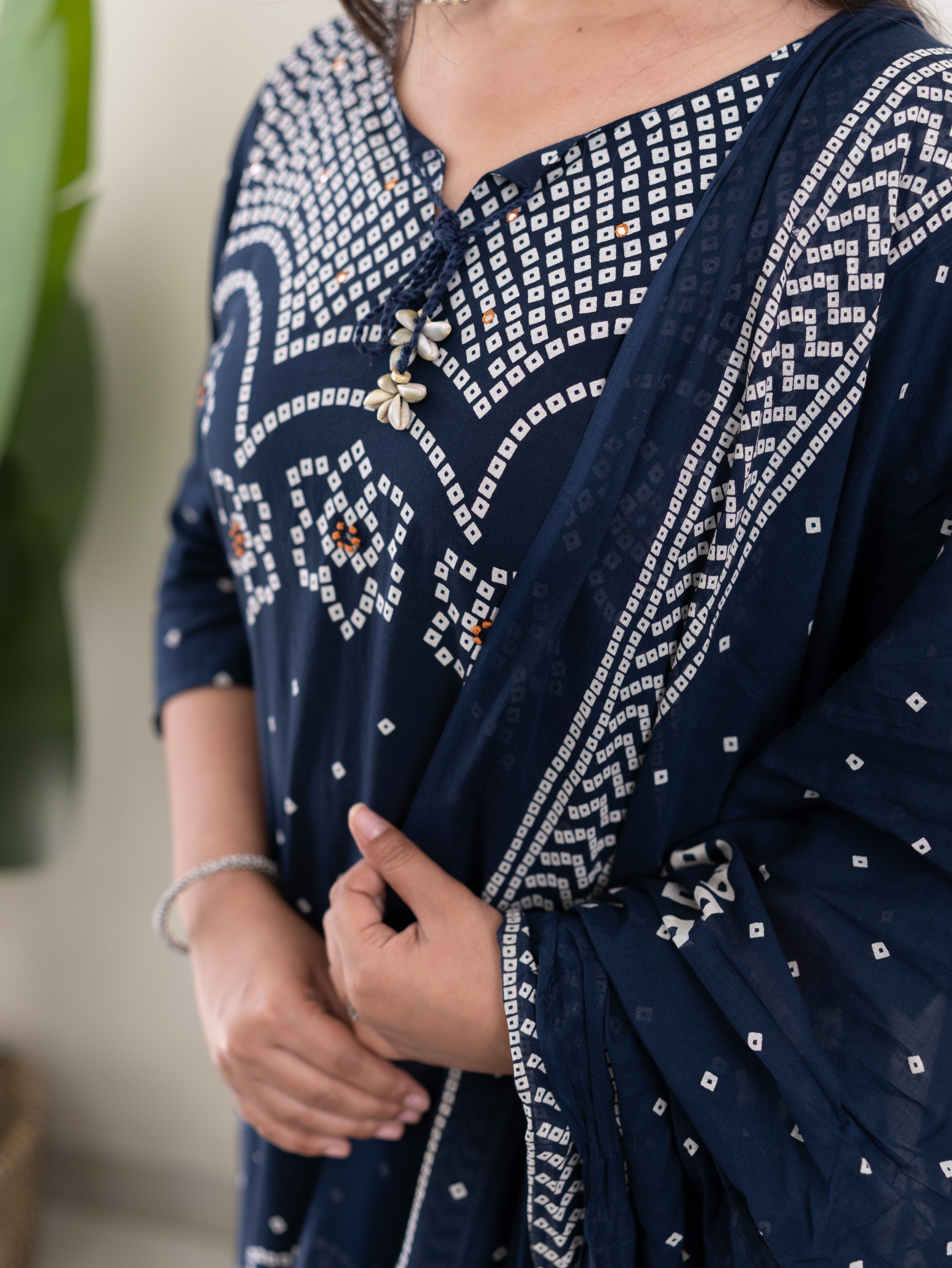 Mishi Navy Blue Cotton Bandhani Straight Dupatta Set