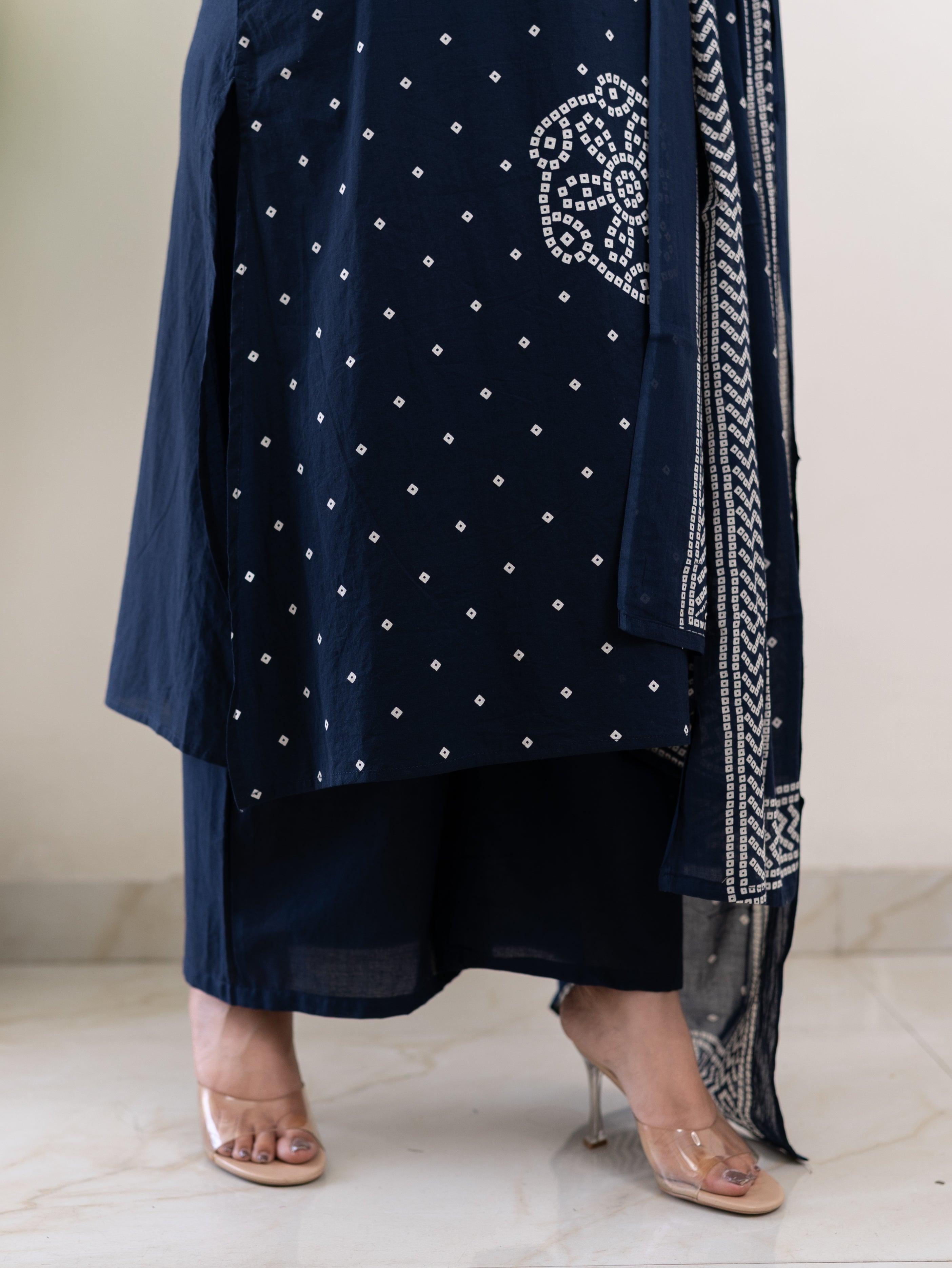 Mishi Navy Blue Cotton Bandhani Straight Dupatta Set