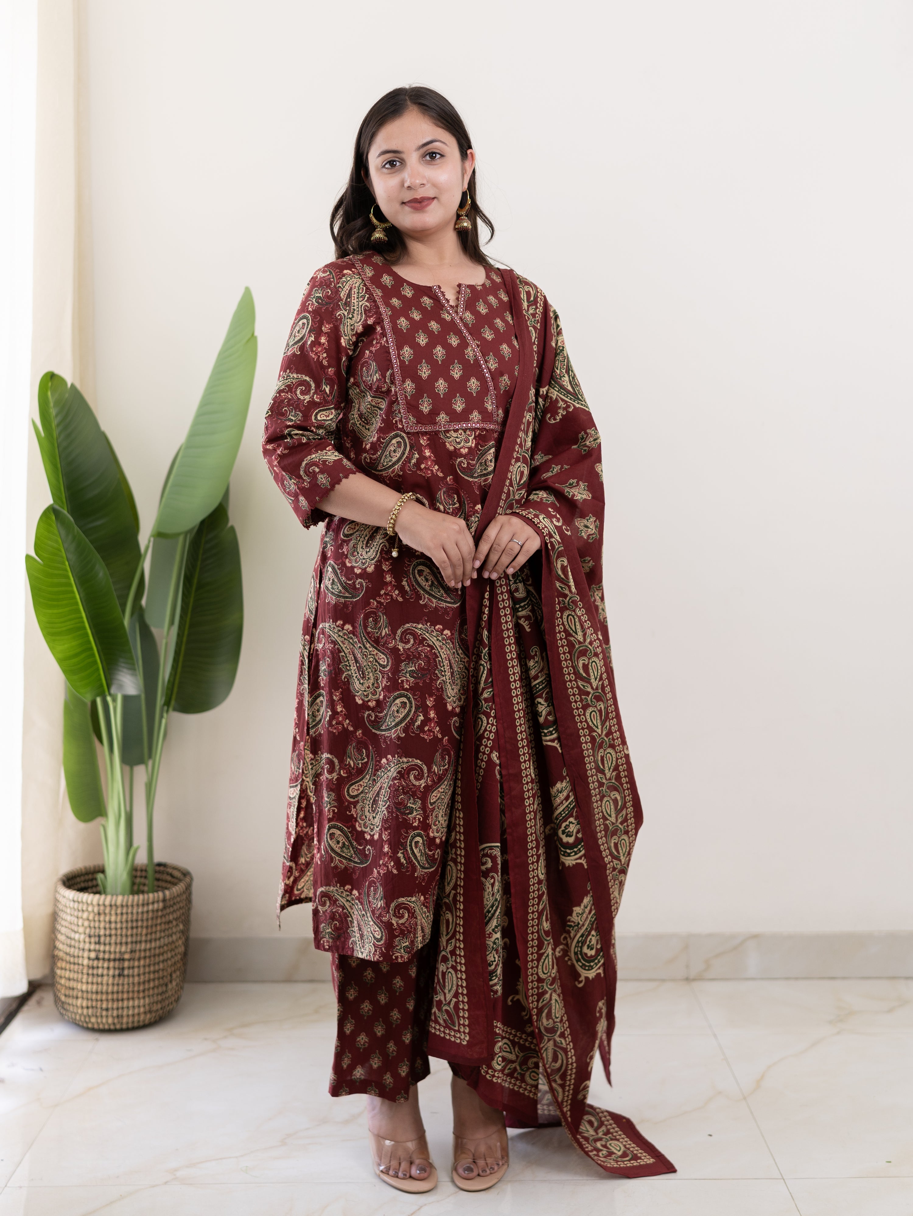 Taya Wine Ajrakh Kalamkari Cotton Embroidered Dupatta set
