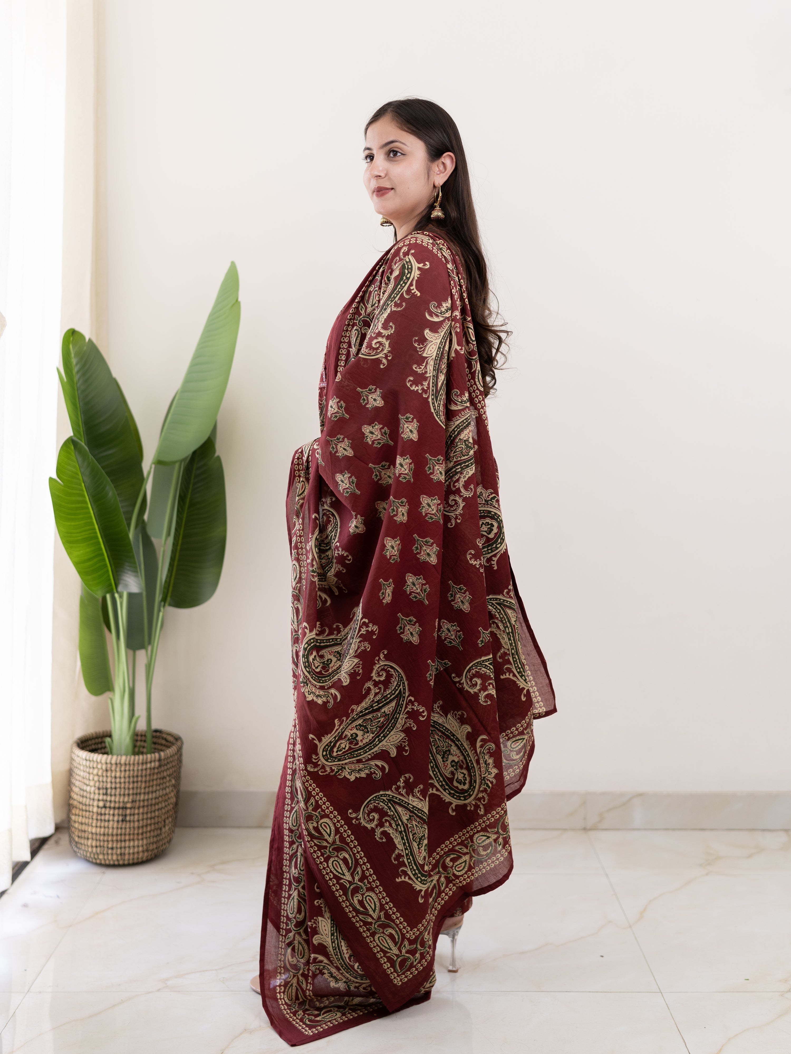 Taya Wine Ajrakh Kalamkari Cotton Embroidered Dupatta set