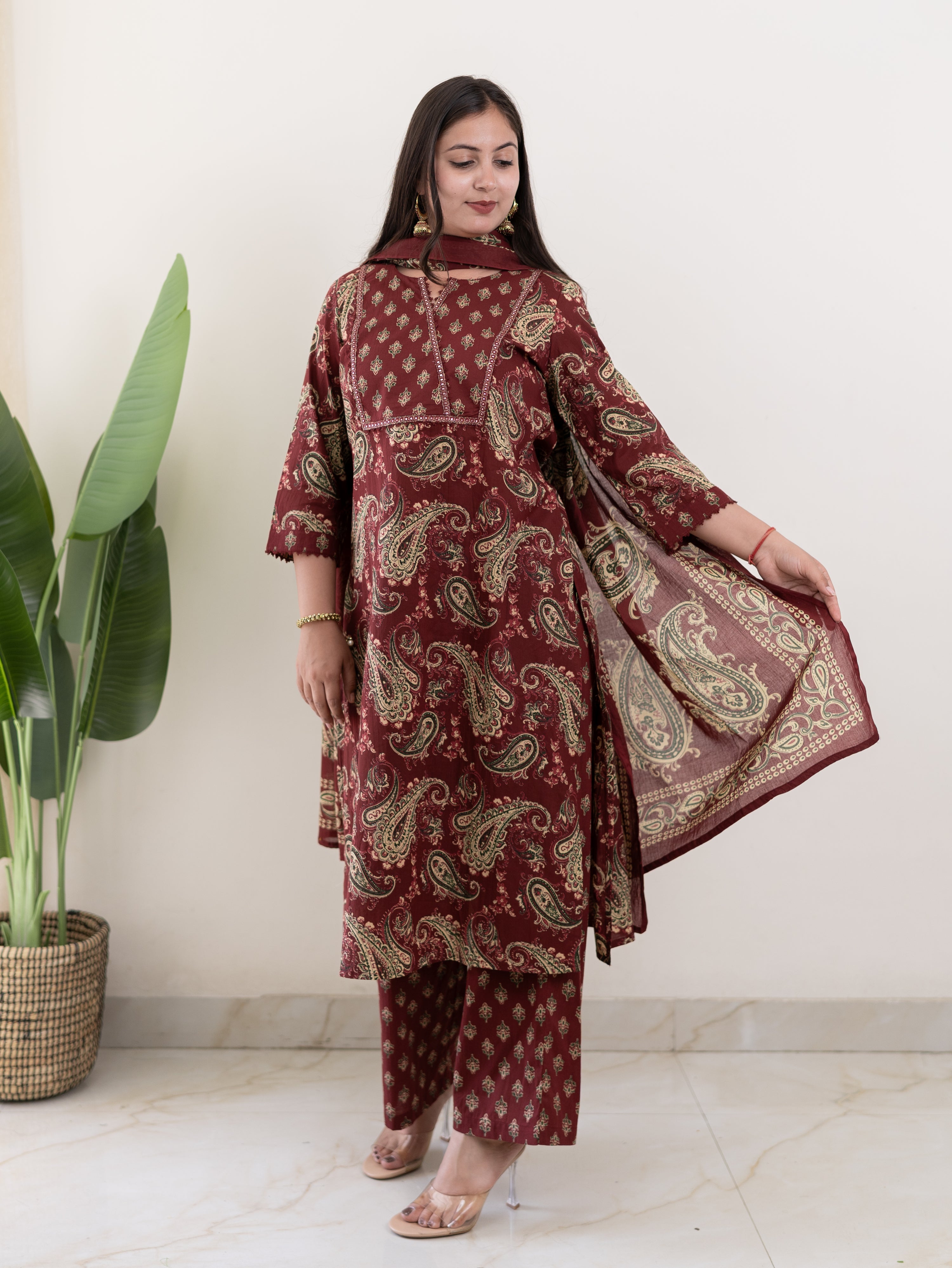 Taya Wine Ajrakh Kalamkari Cotton Embroidered Dupatta set