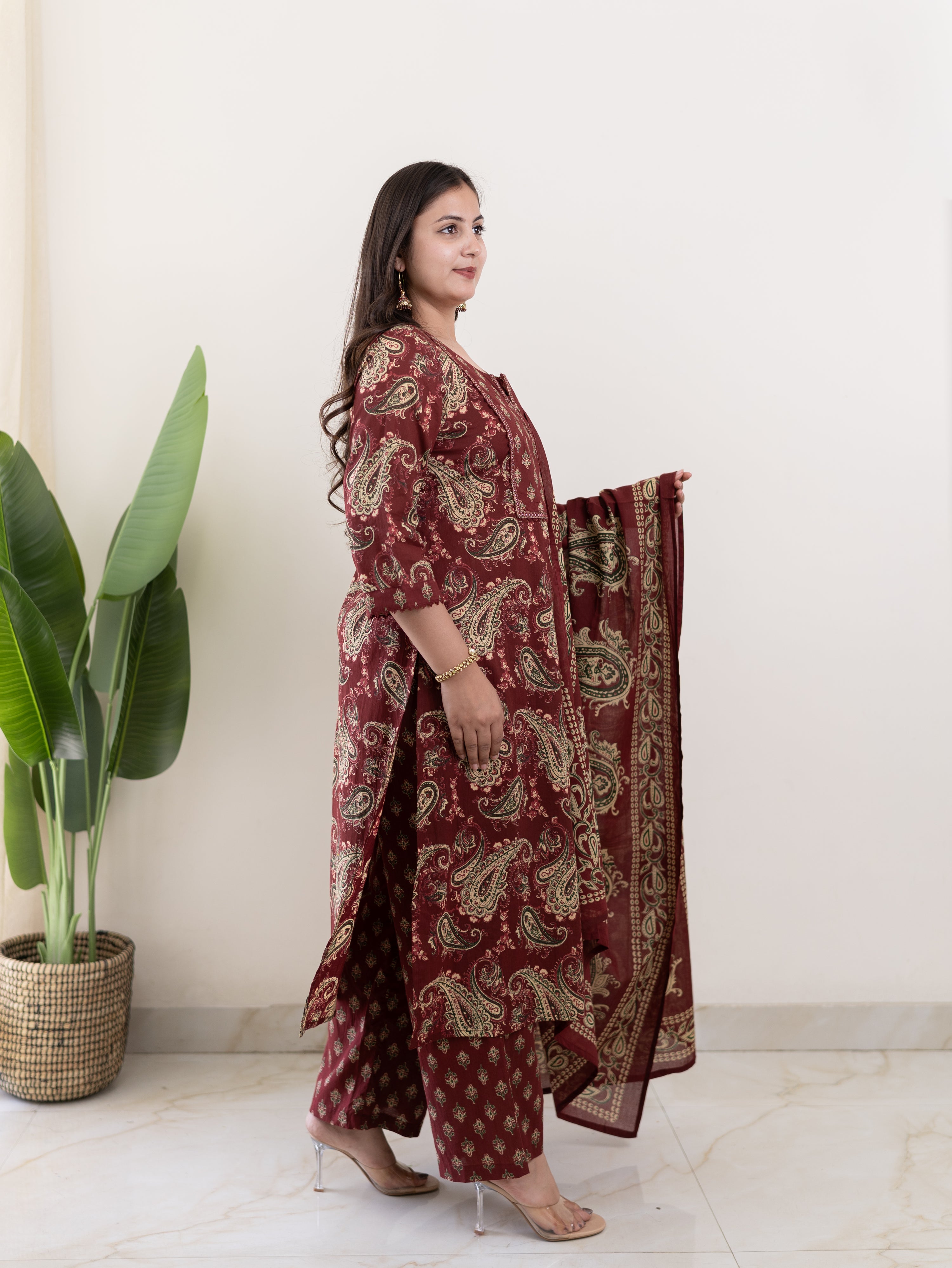 Taya Wine Ajrakh Kalamkari Cotton Embroidered Dupatta set