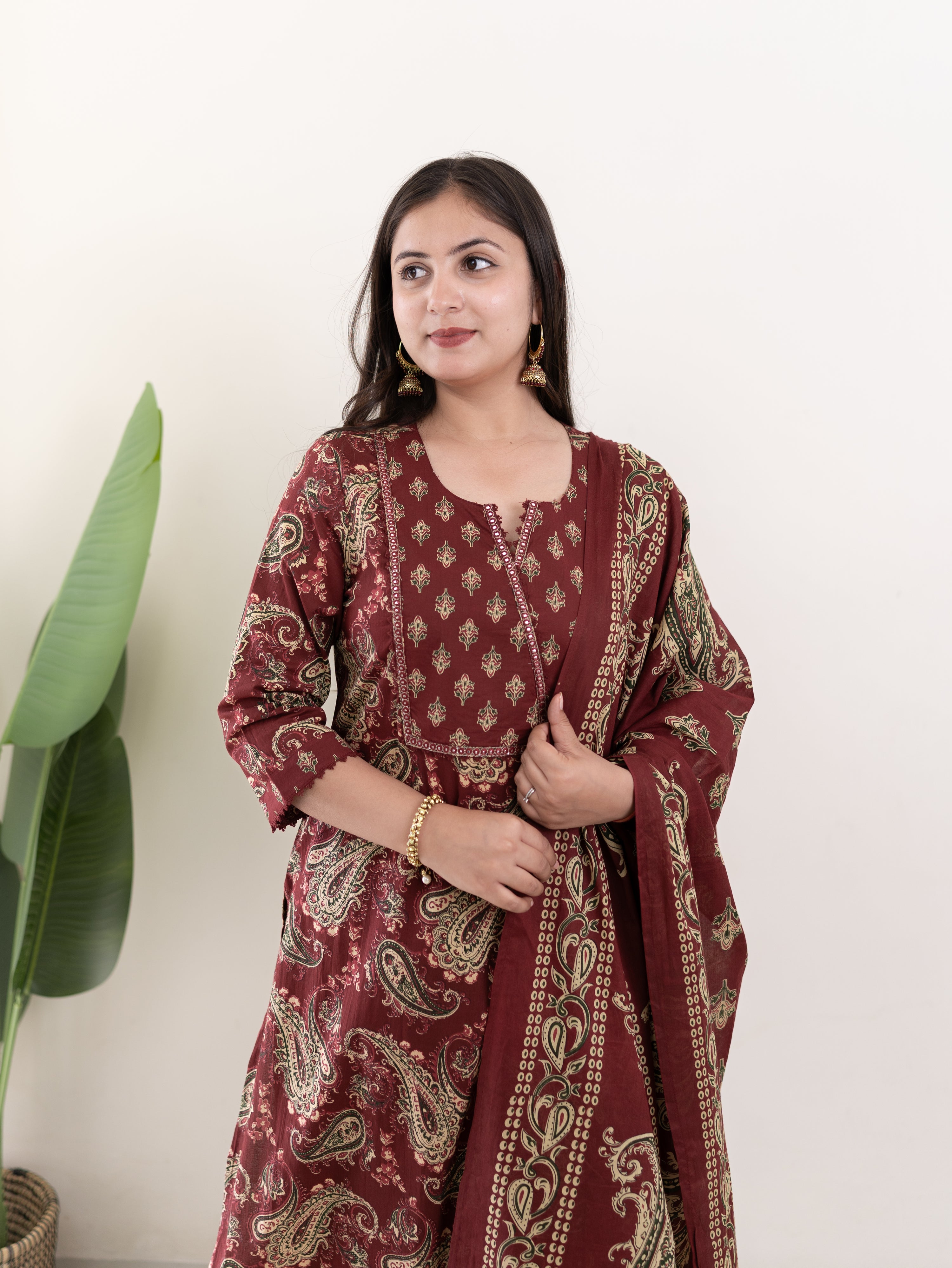 Taya Wine Ajrakh Kalamkari Cotton Embroidered Dupatta set