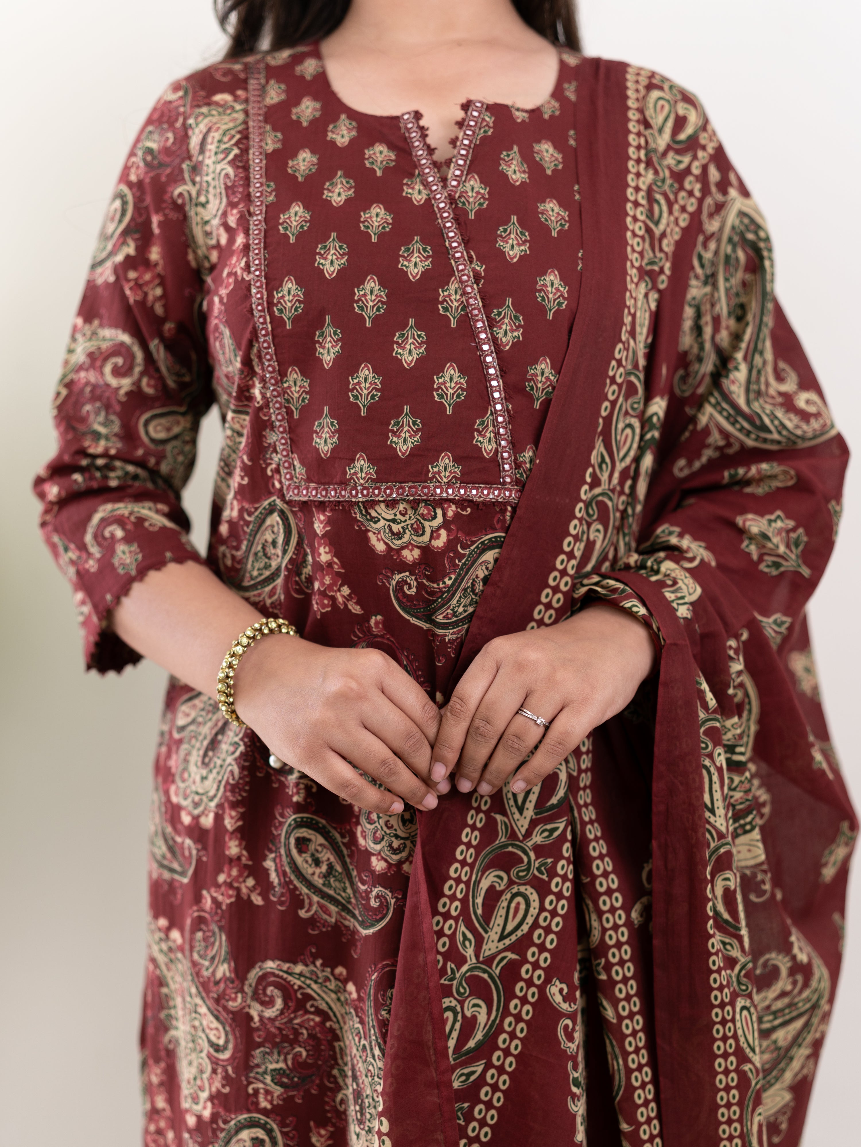 Taya Wine Ajrakh Kalamkari Cotton Embroidered Dupatta set