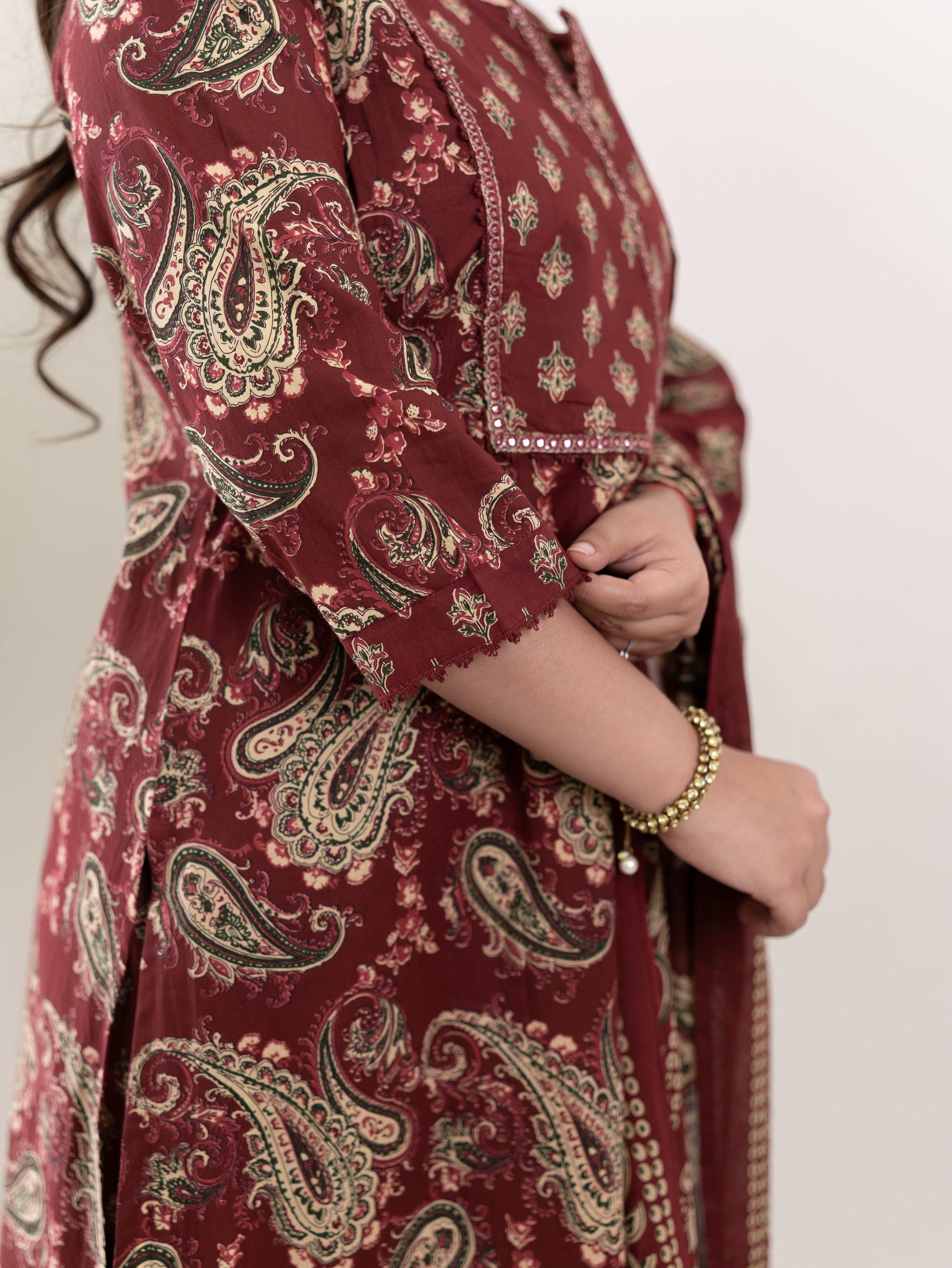 Taya Wine Ajrakh Kalamkari Cotton Embroidered Dupatta set