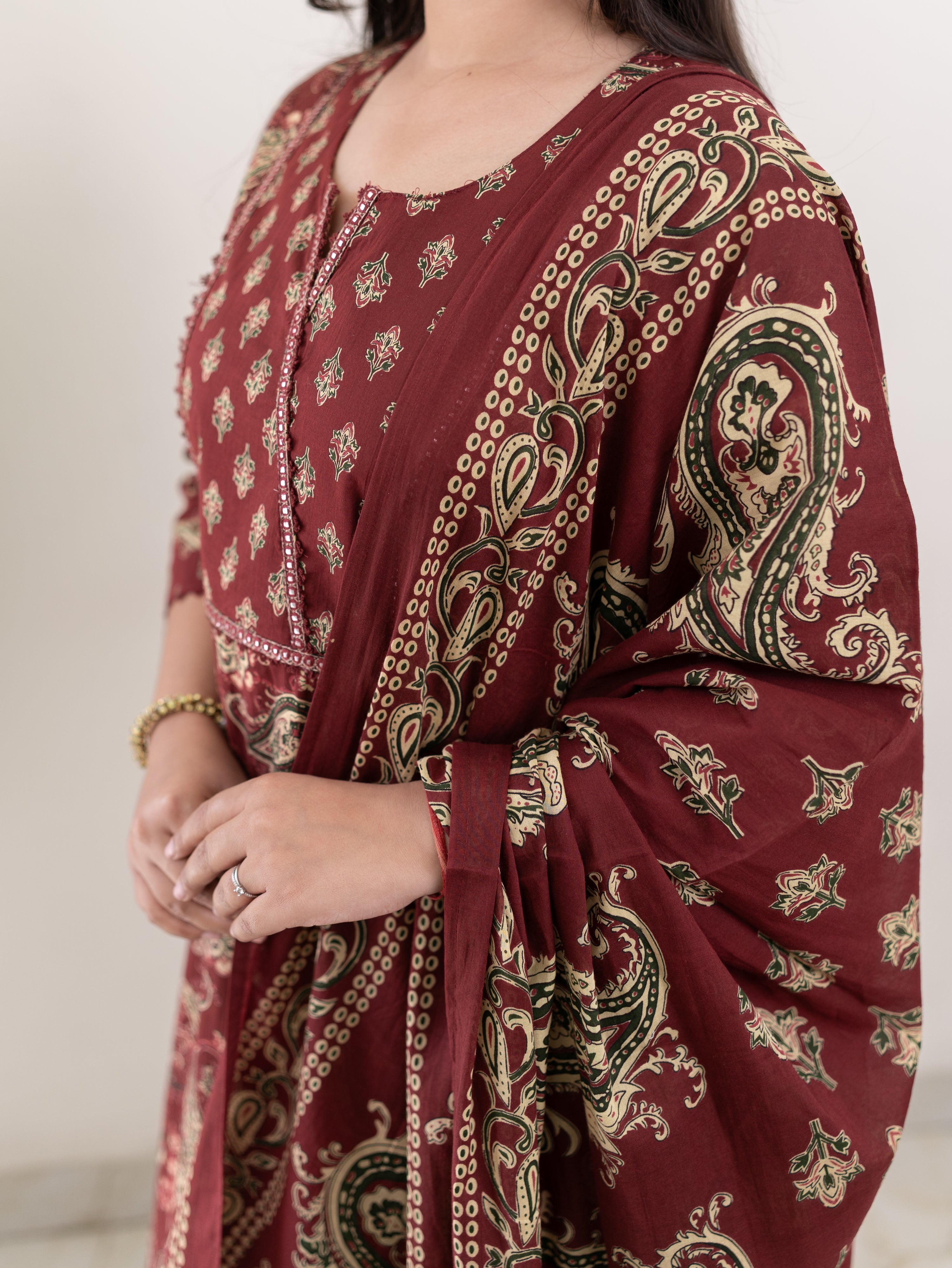 Taya Wine Ajrakh Kalamkari Cotton Embroidered Dupatta set