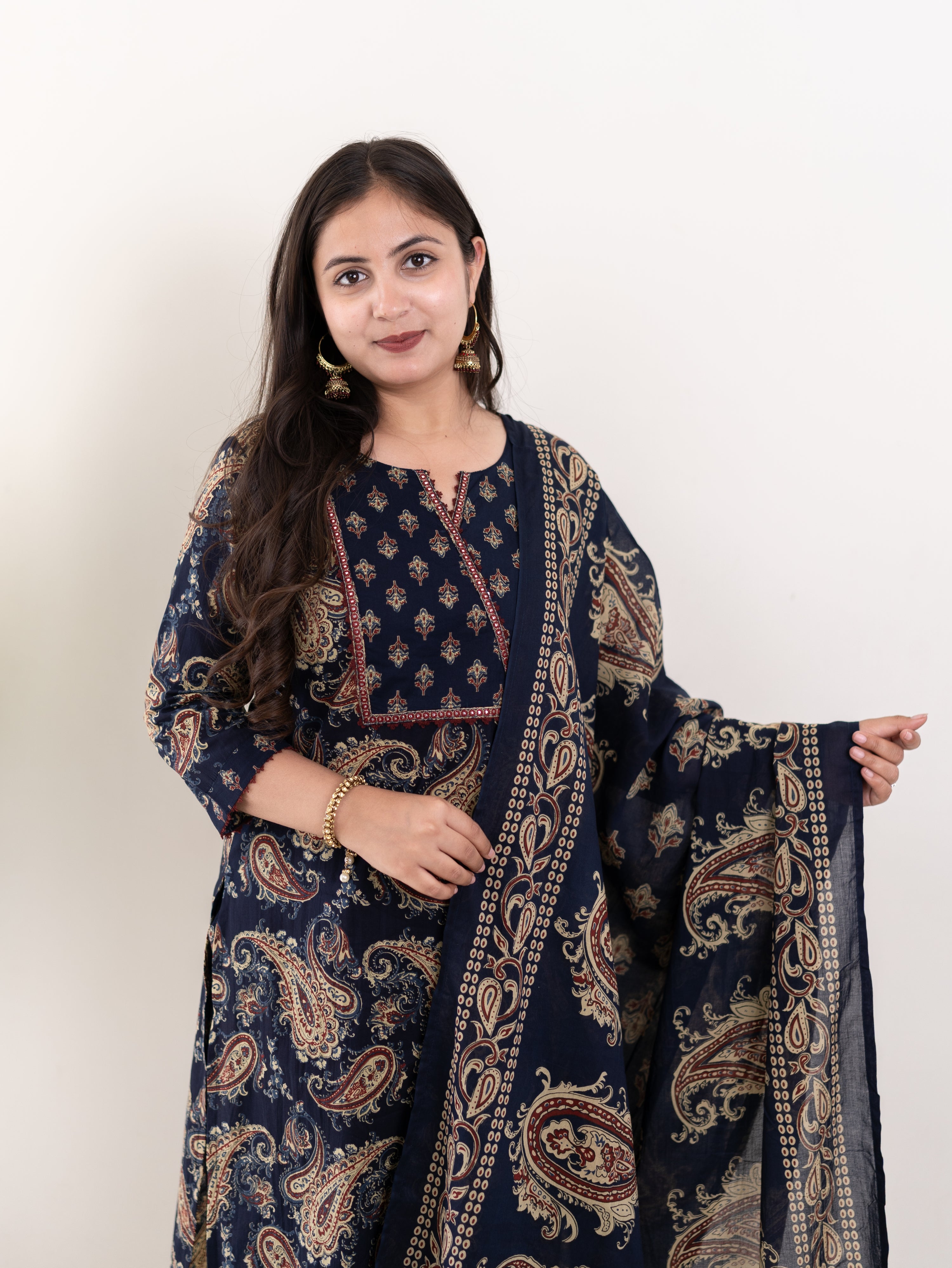 Taya Blue Ajrakh Kalamkari Cotton Embroidered Dupatta Set