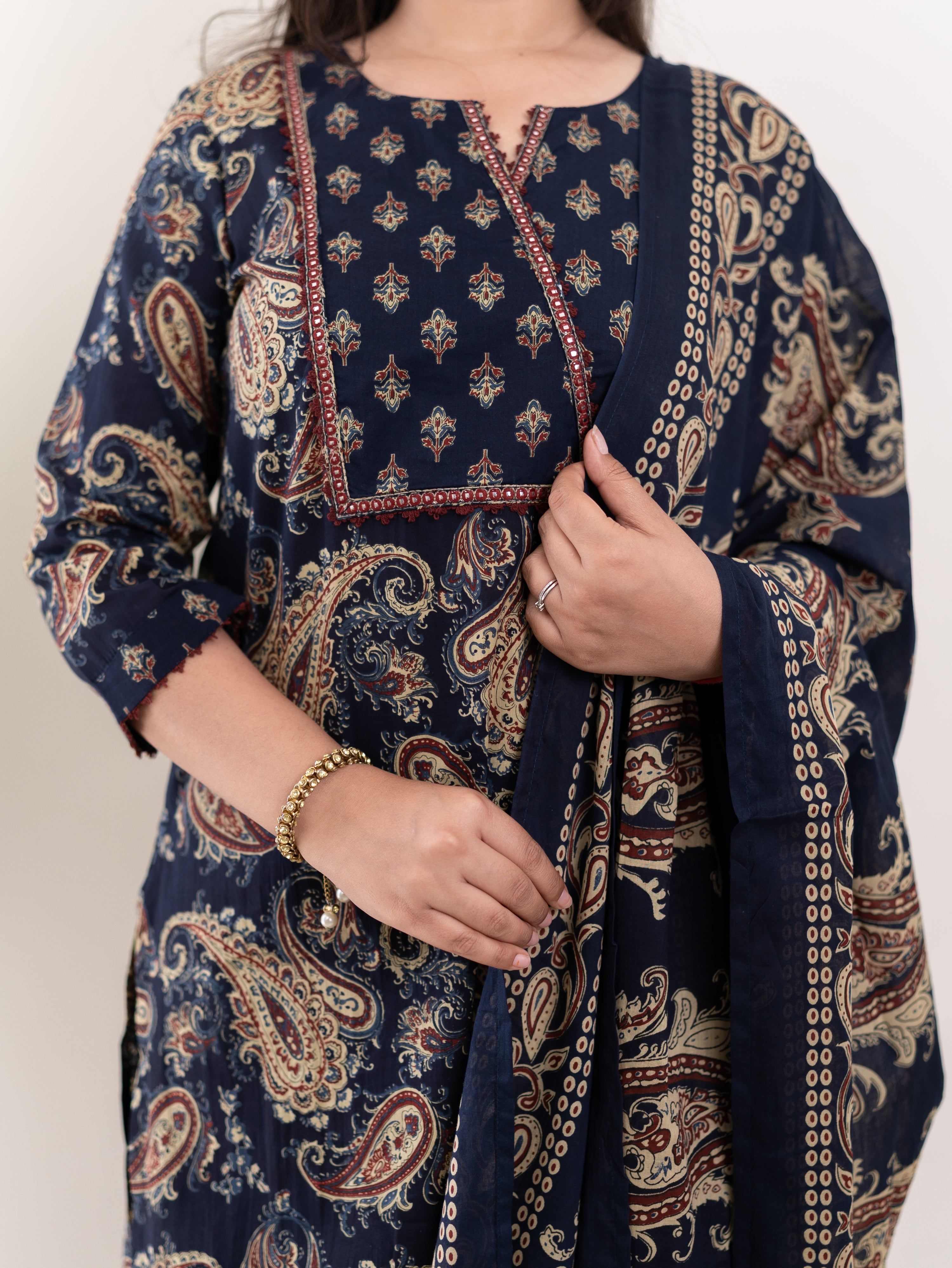 Taya Blue Ajrakh Kalamkari Cotton Embroidered Dupatta Set