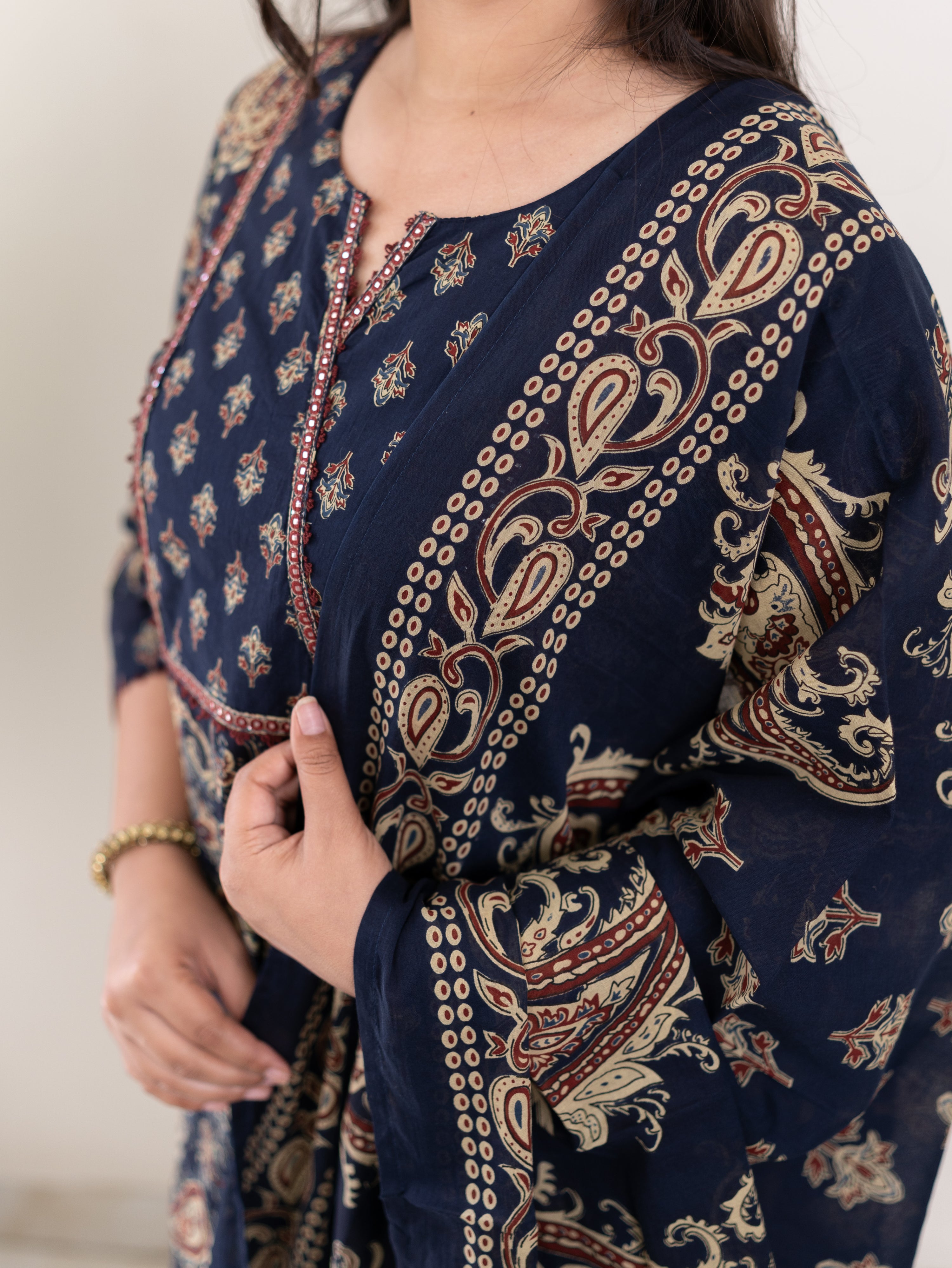 Taya Blue Ajrakh Kalamkari Cotton Embroidered Dupatta Set