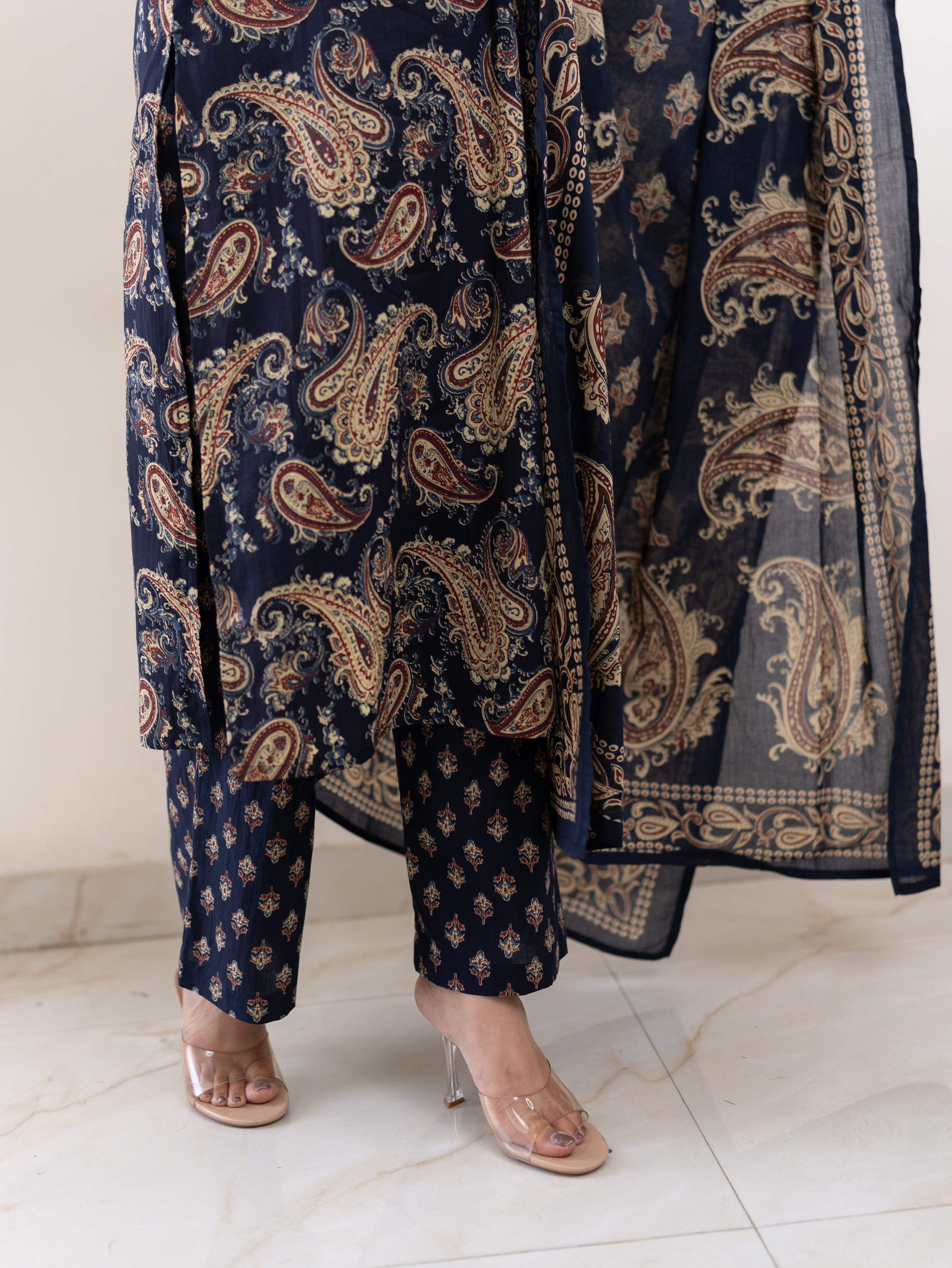 Taya Blue Ajrakh Kalamkari Cotton Embroidered Dupatta Set