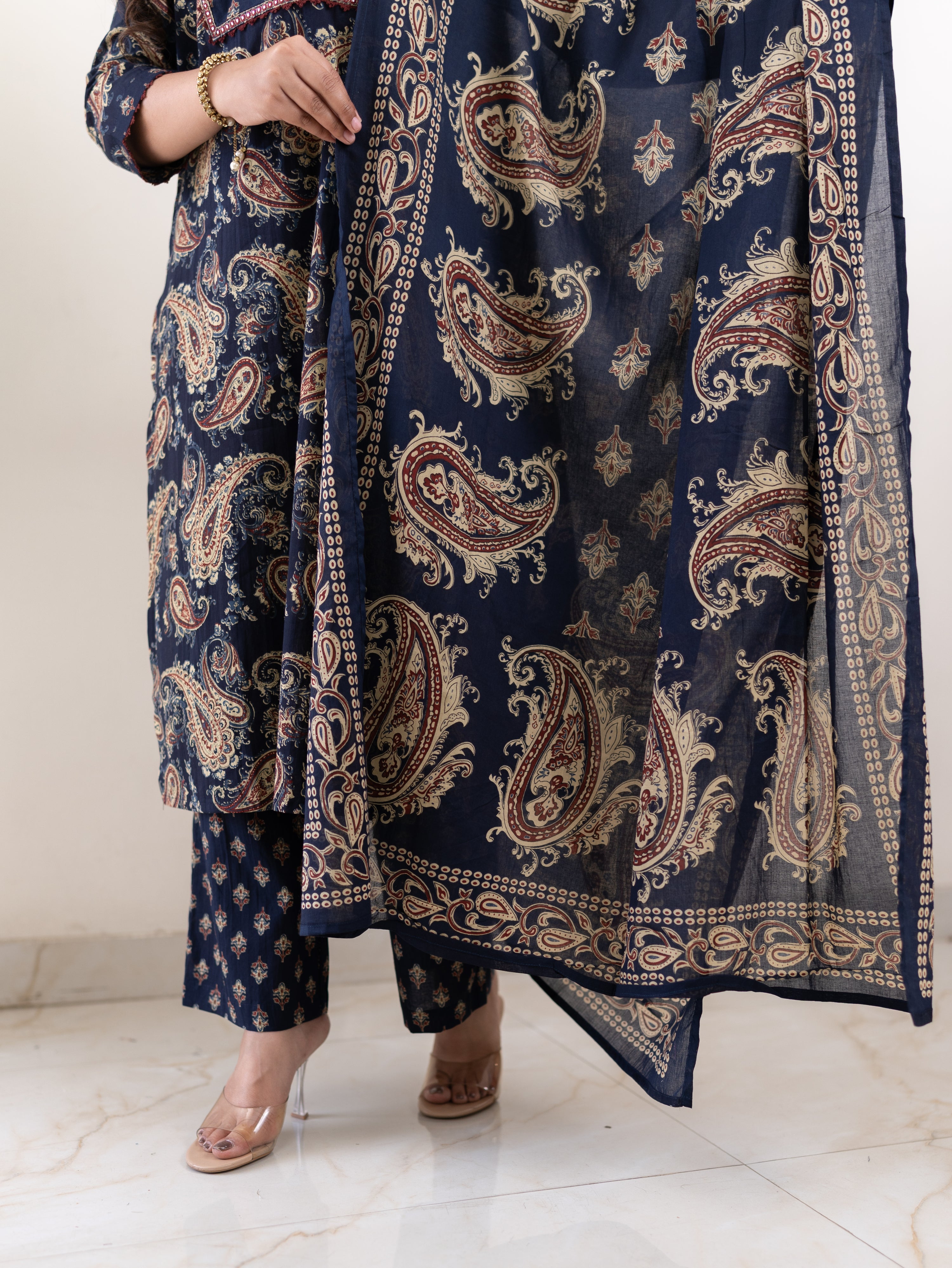 Taya Blue Ajrakh Kalamkari Cotton Embroidered Dupatta Set