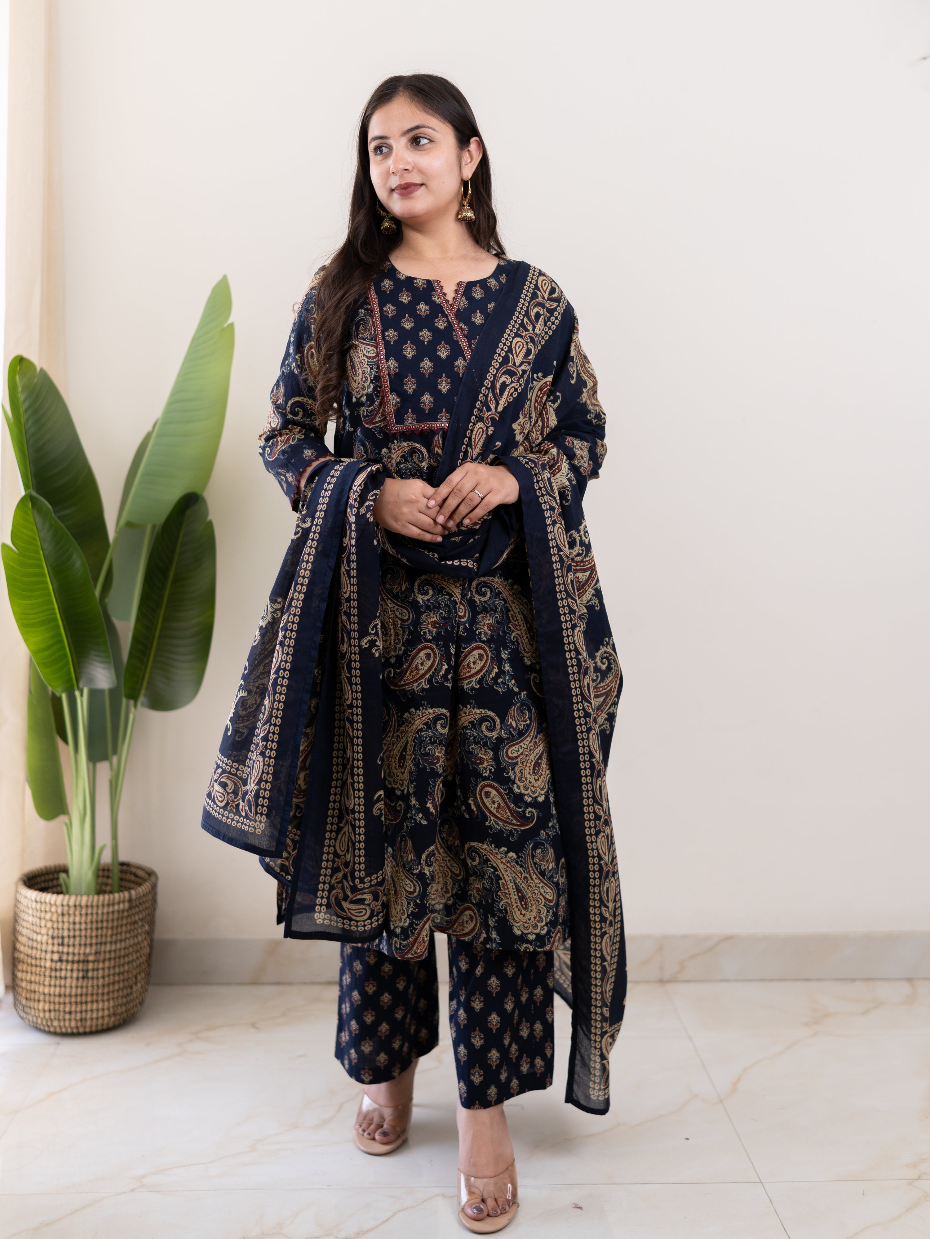 Taya Blue Ajrakh Kalamkari Cotton Embroidered Dupatta Set