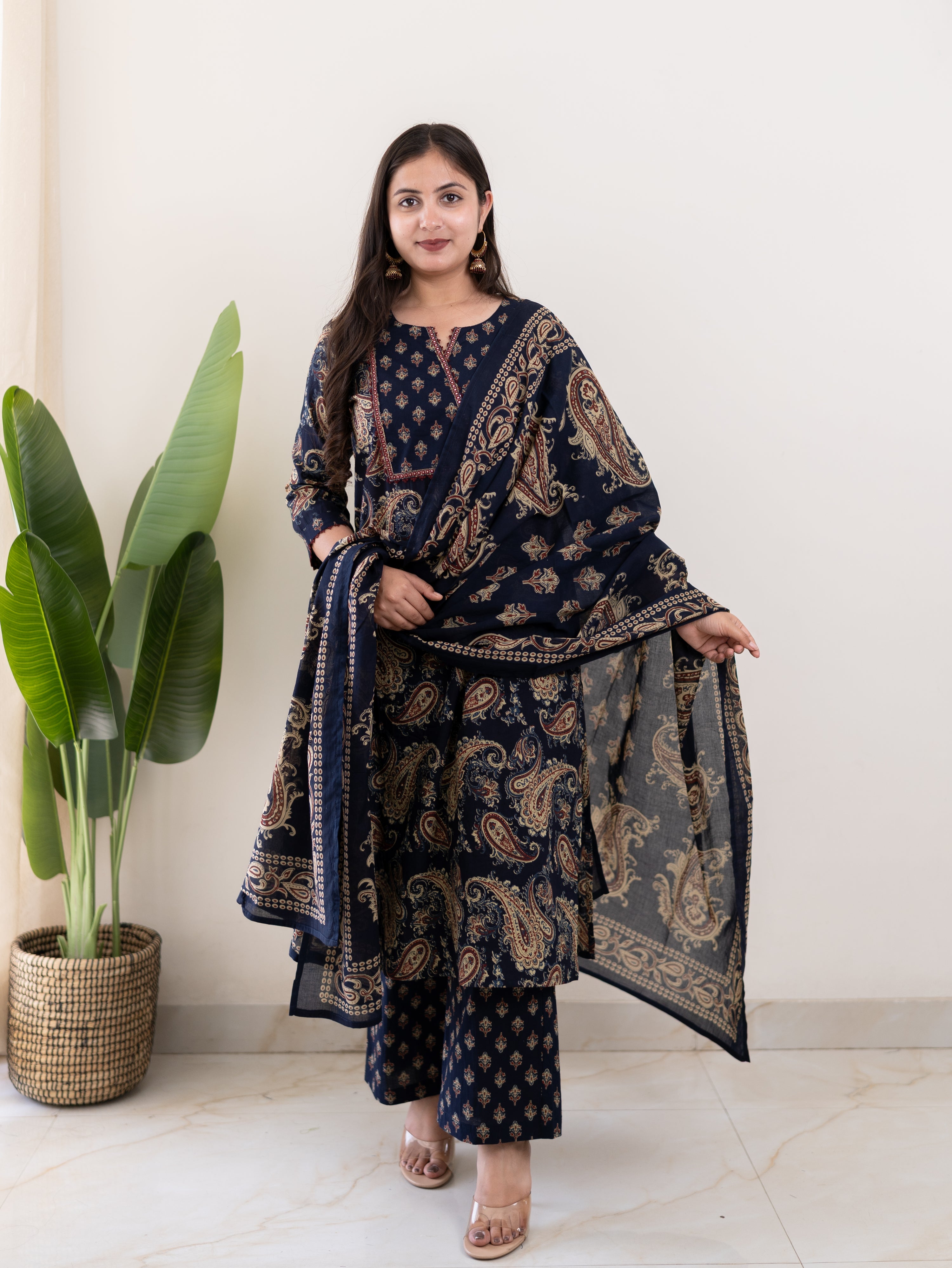 Taya Blue Ajrakh Kalamkari Cotton Embroidered Dupatta Set