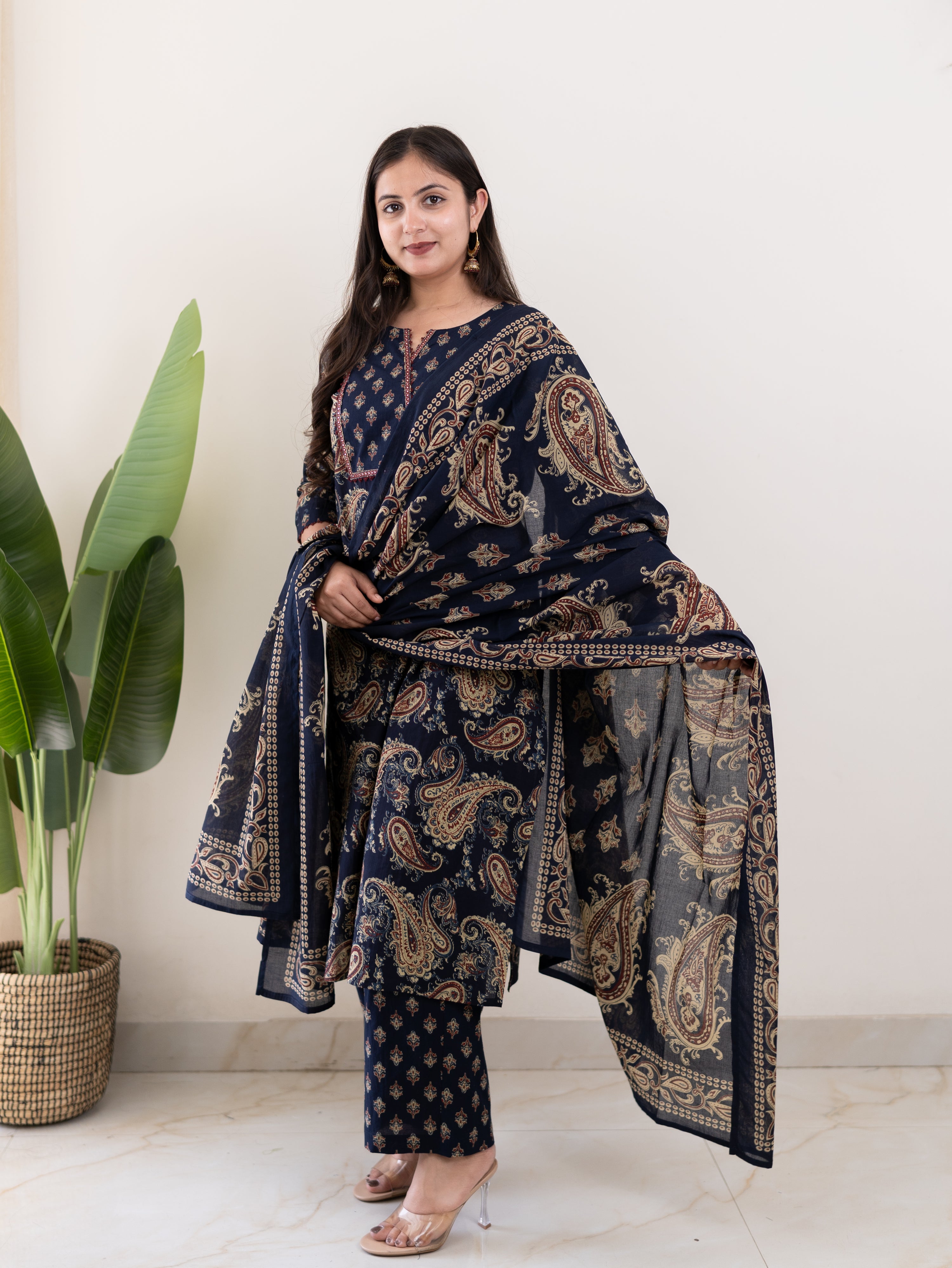 Taya Blue Ajrakh Kalamkari Cotton Embroidered Dupatta Set
