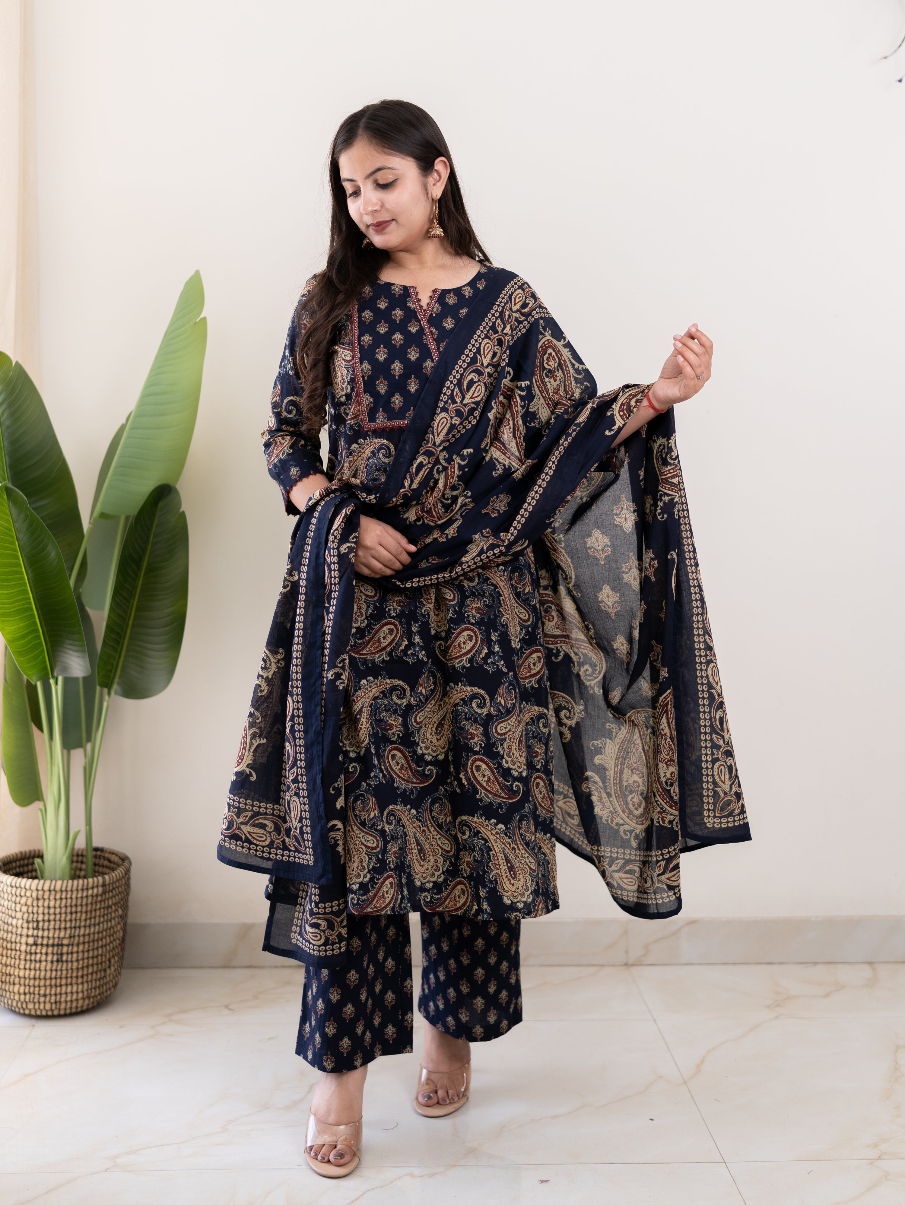 Taya Blue Ajrakh Kalamkari Cotton Embroidered Dupatta Set
