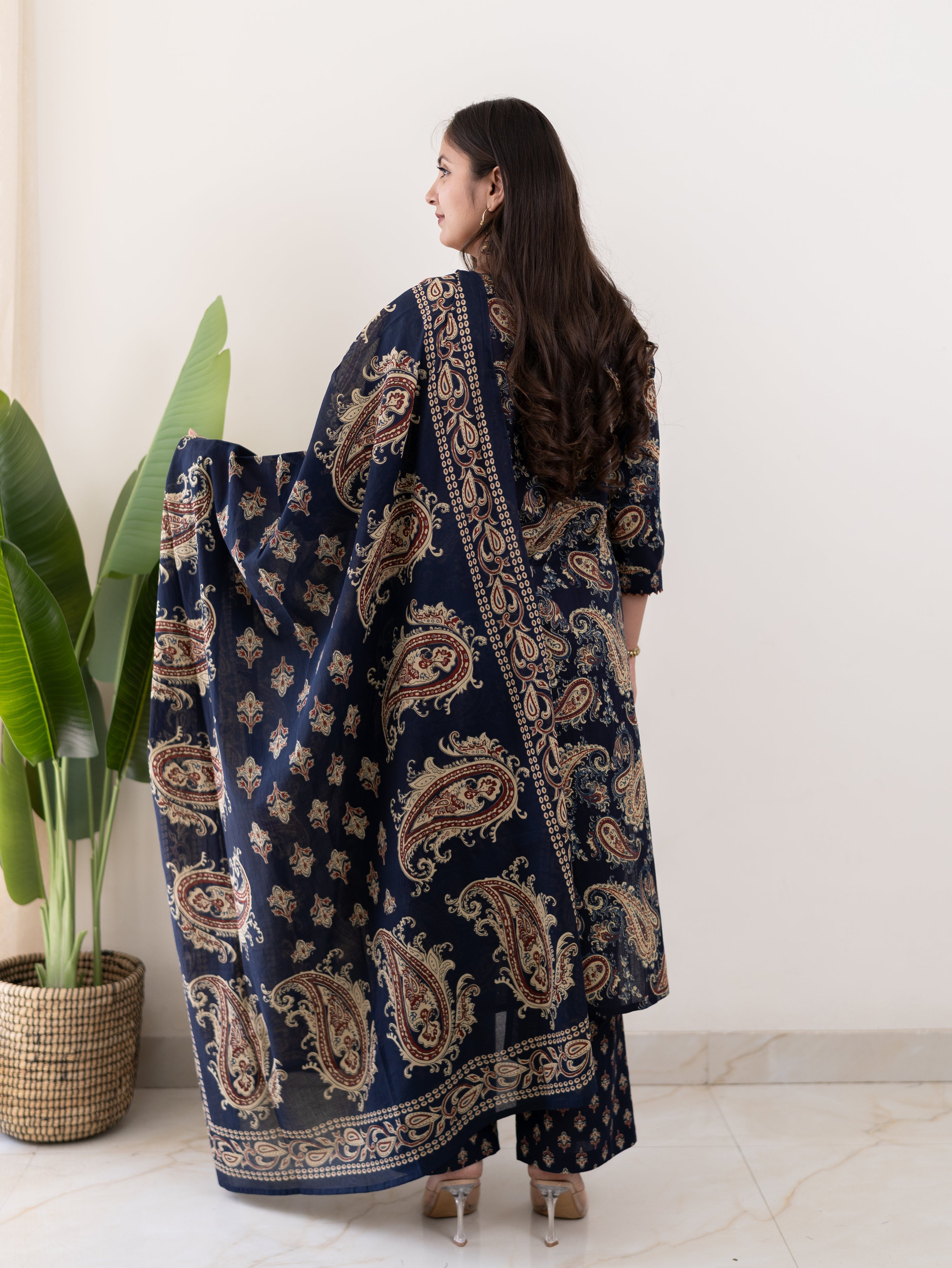 Taya Blue Ajrakh Kalamkari Cotton Embroidered Dupatta Set