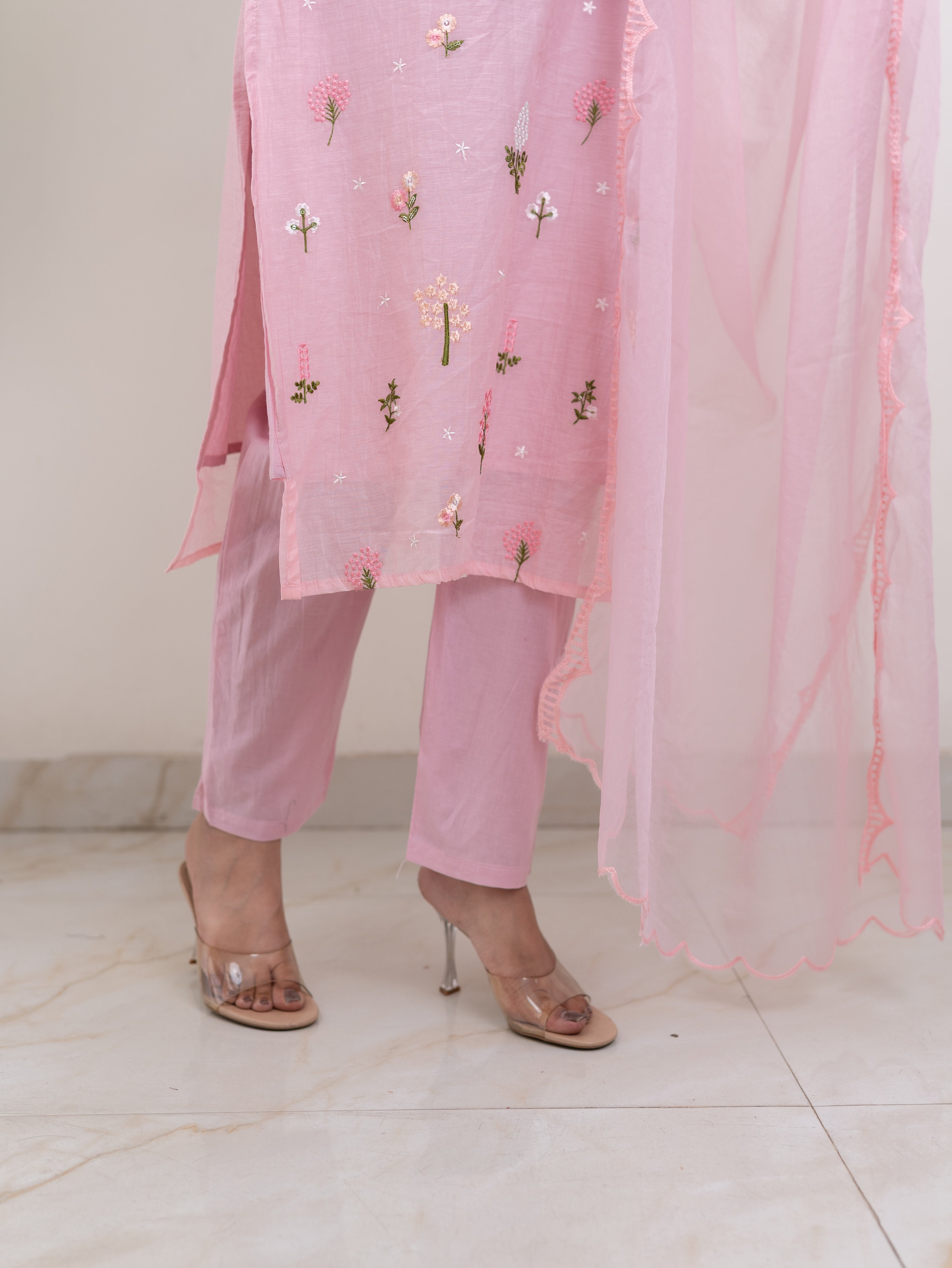 Dolly Pink Mul Chanderi Embroidered Straight Dupatta Set