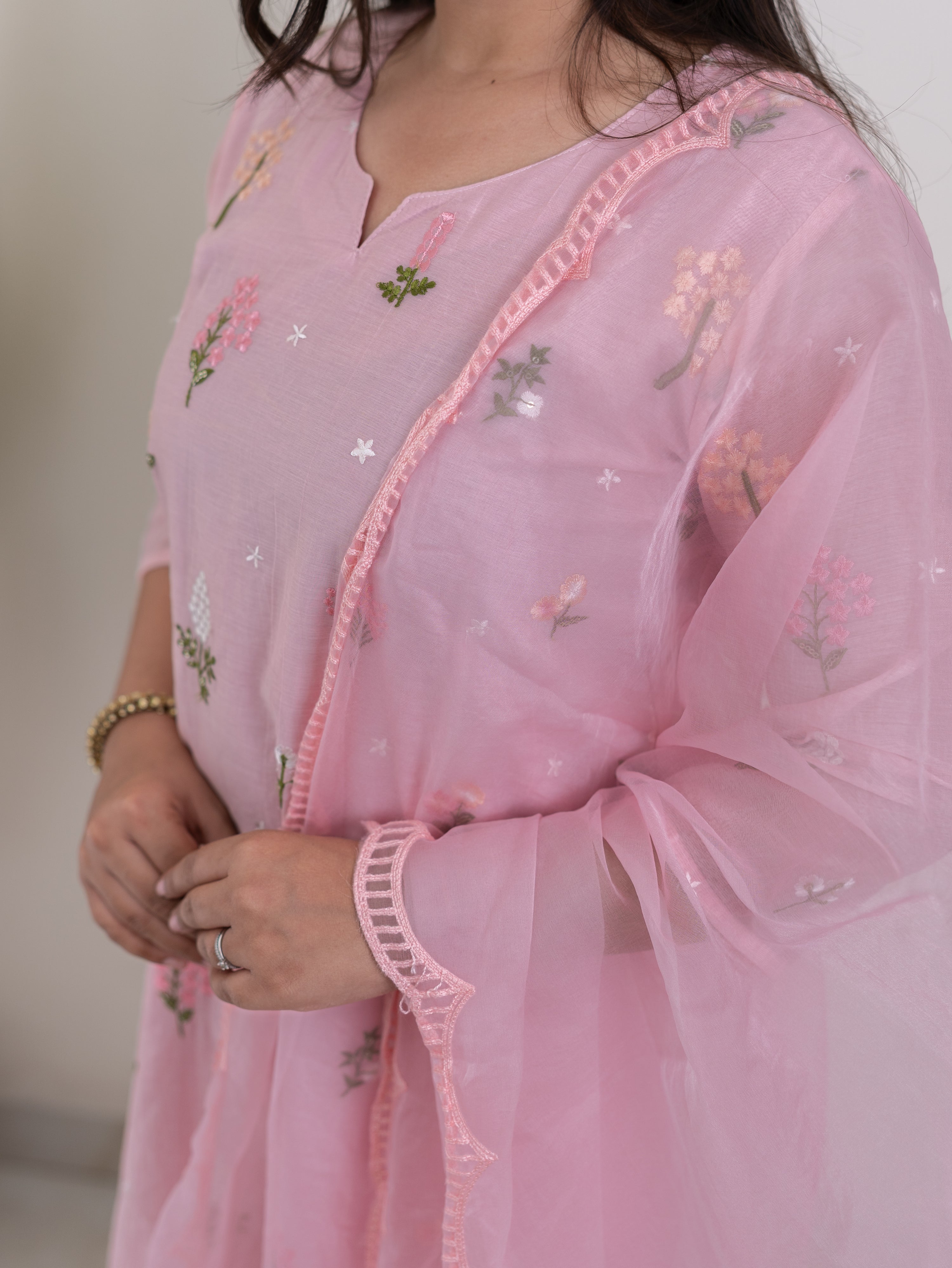 Dolly Pink Mul Chanderi Embroidered Straight Dupatta Set