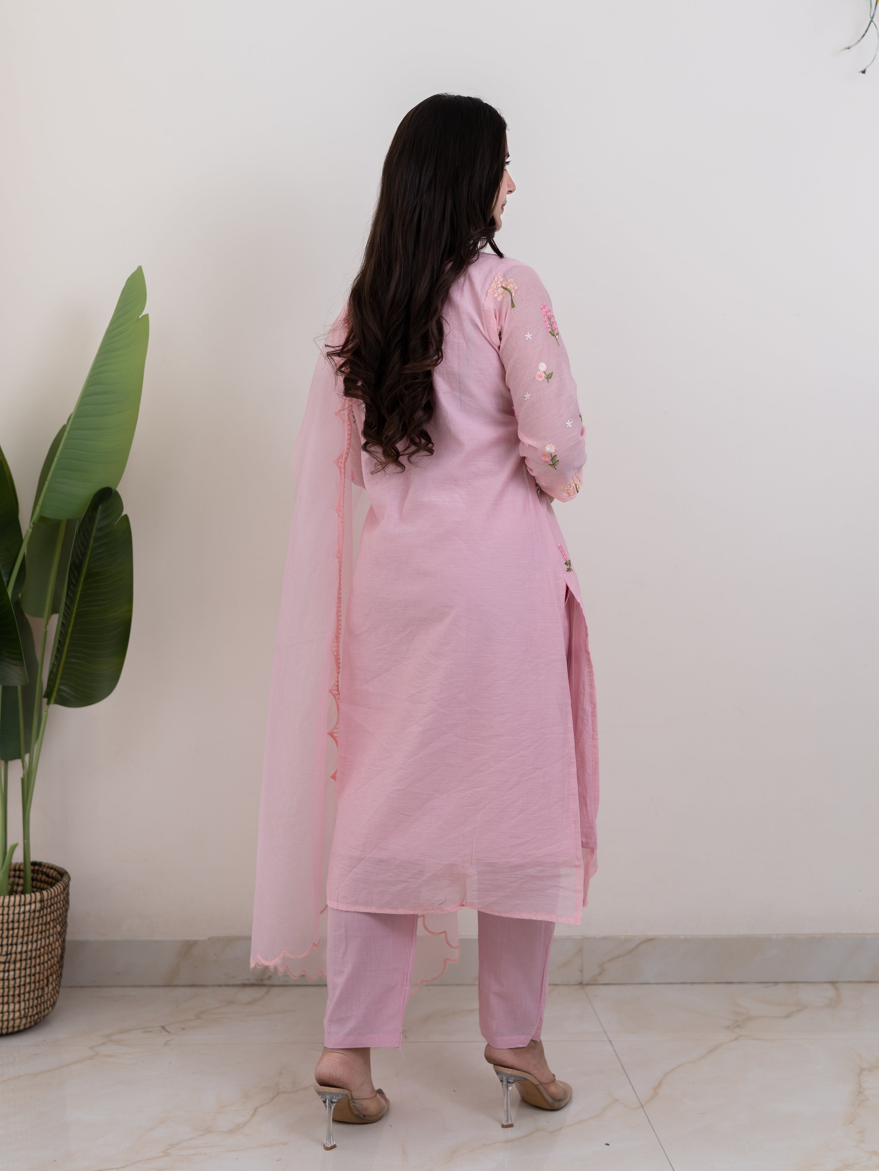 Dolly Pink Mul Chanderi Embroidered Straight Dupatta Set