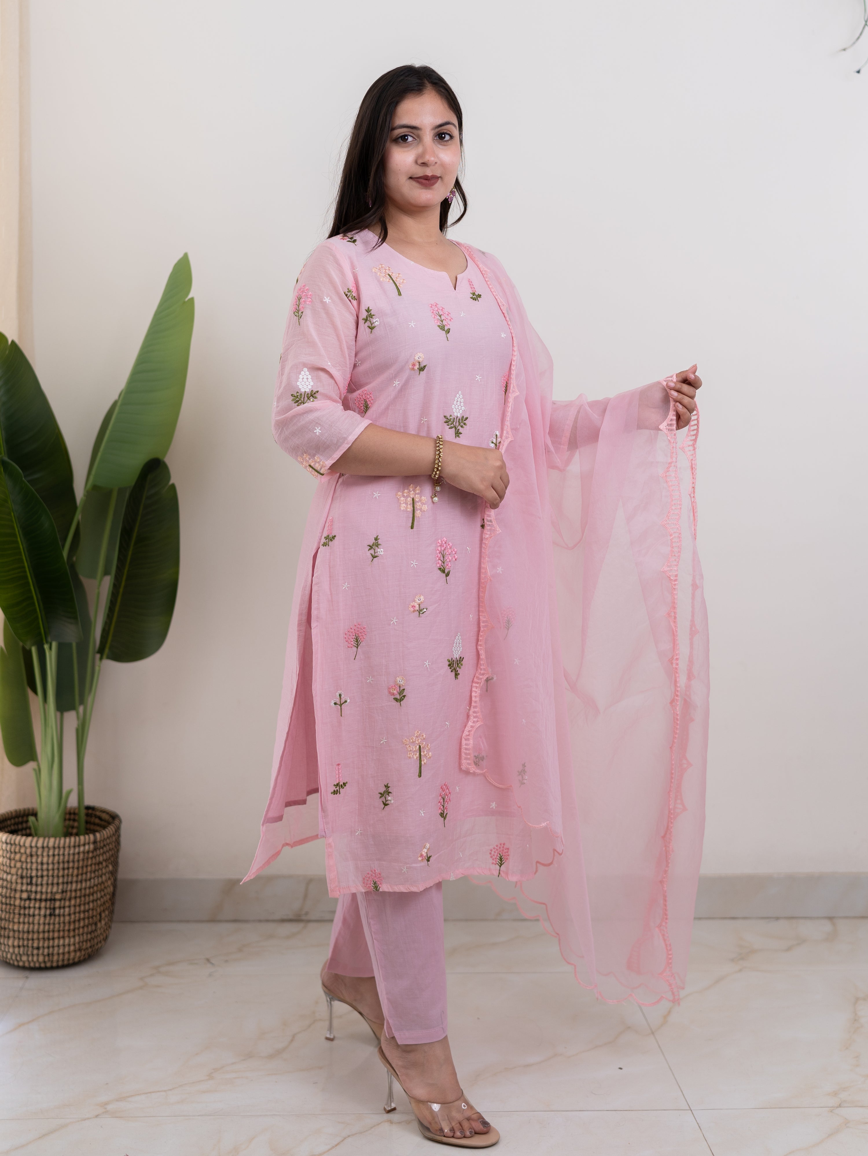 Dolly Pink Mul Chanderi Embroidered Straight Dupatta Set