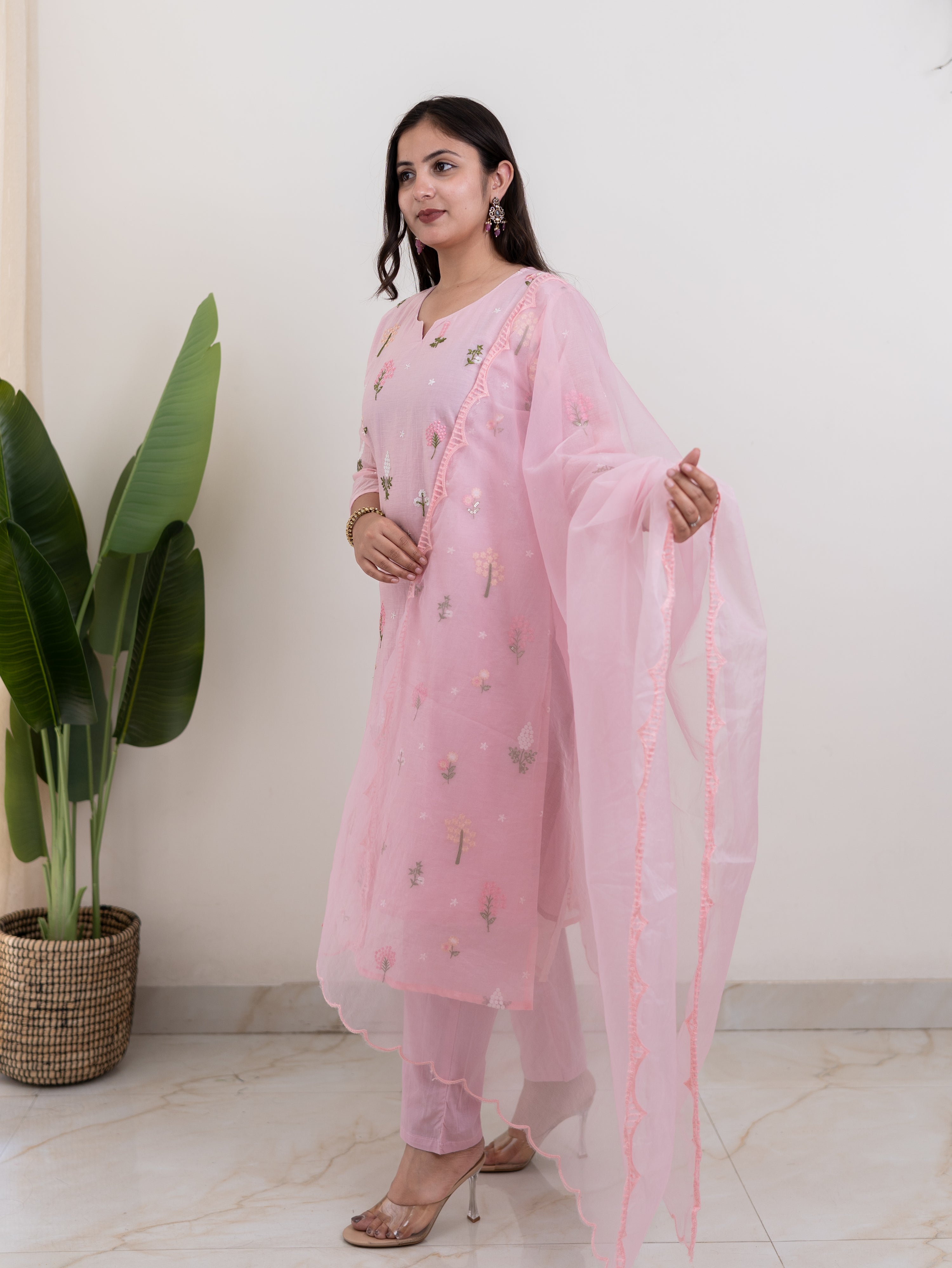 Dolly Pink Mul Chanderi Embroidered Straight Dupatta Set