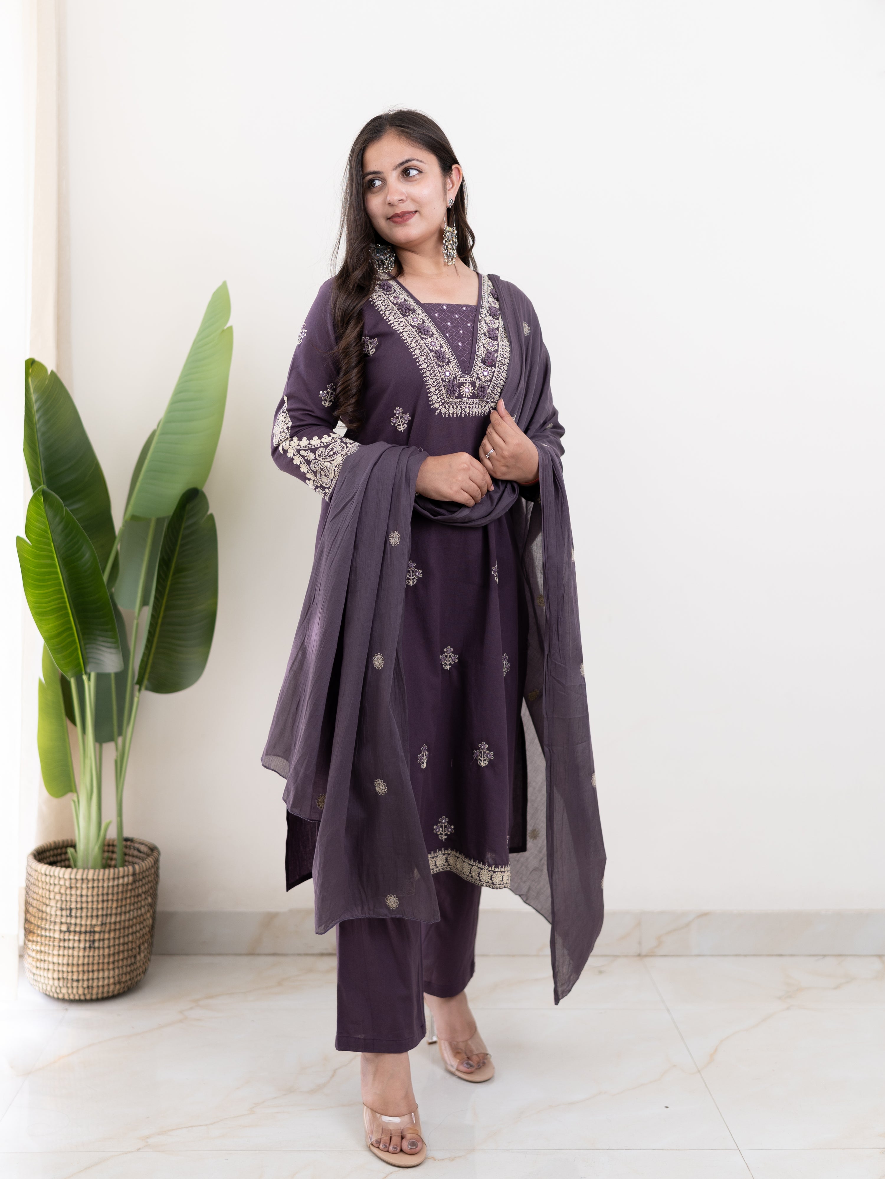 Zoohi Purple Cotton Embroidered Straight Dupatta Set