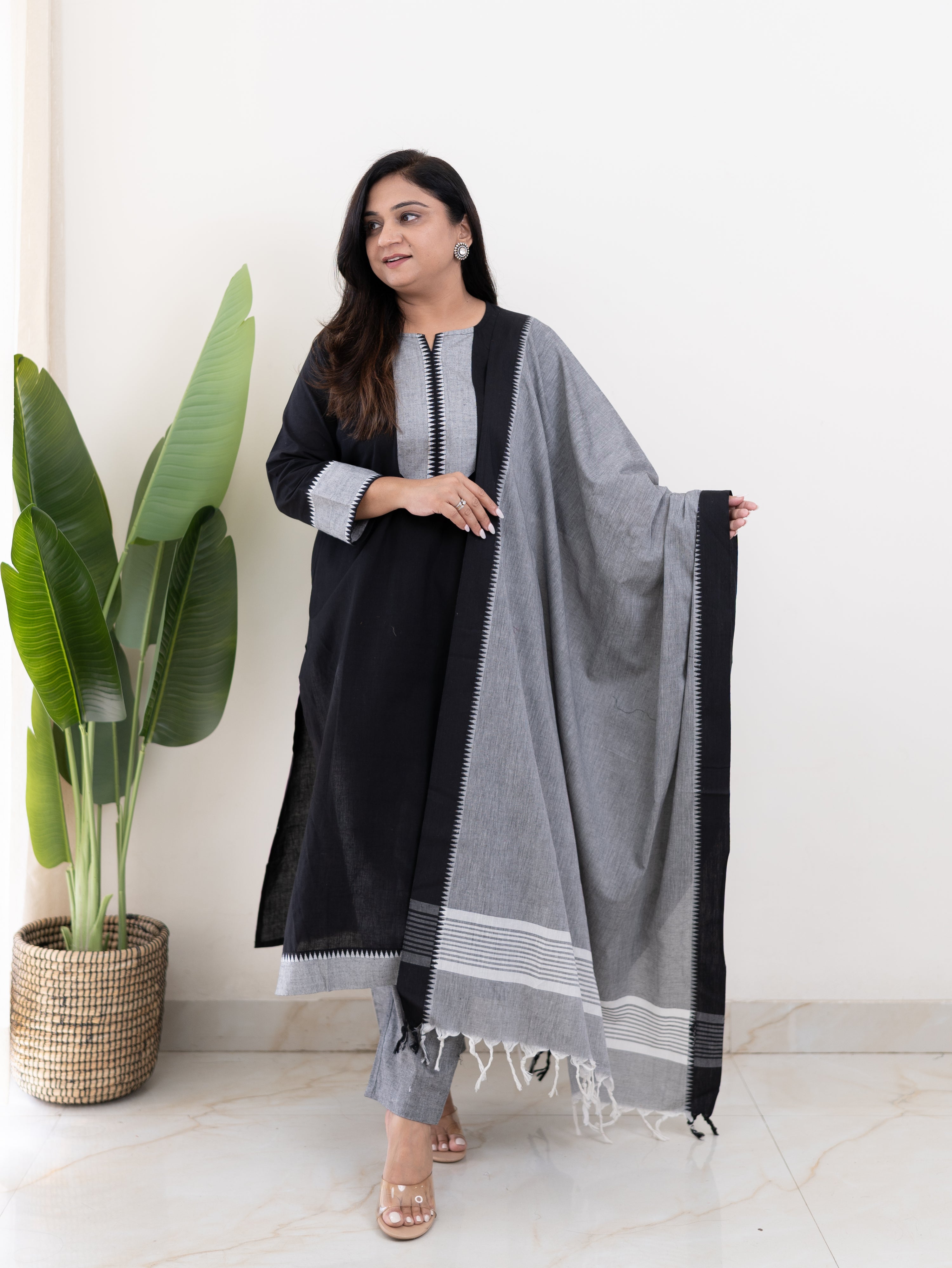 Adrita Black Handloom Cotton Straight Pant Set
