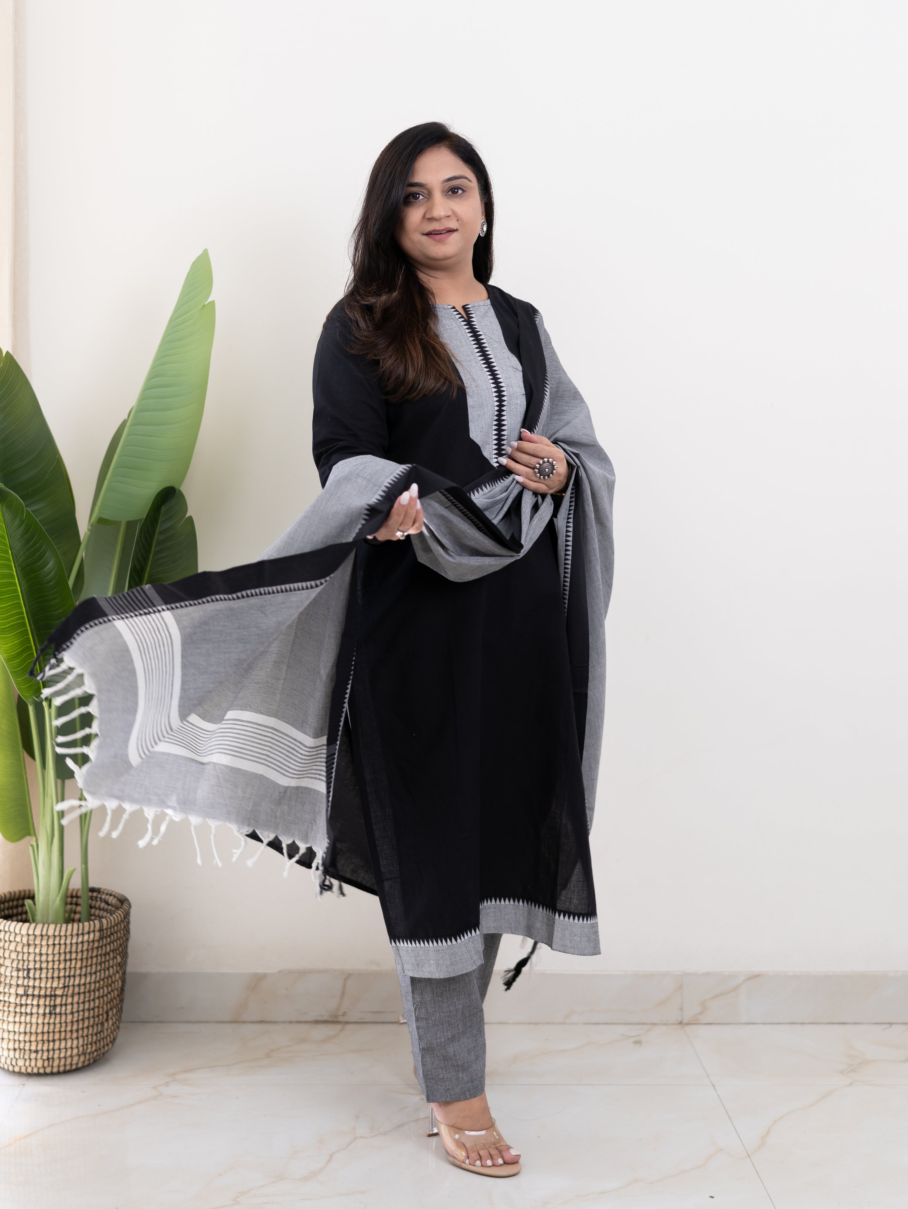 Adrita Black Handloom Cotton Straight Pant Set
