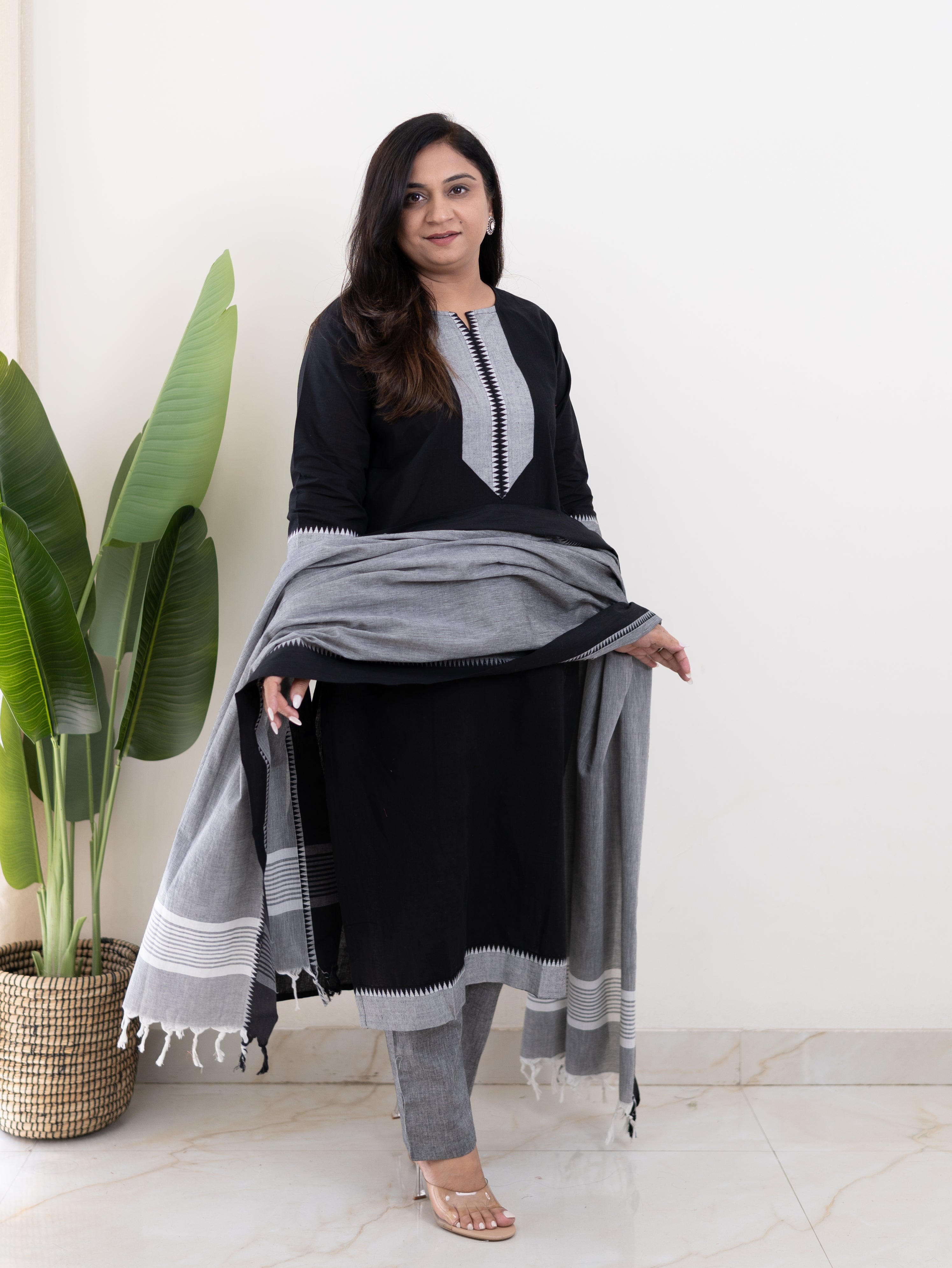 Adrita Black Handloom Cotton Straight Pant Set