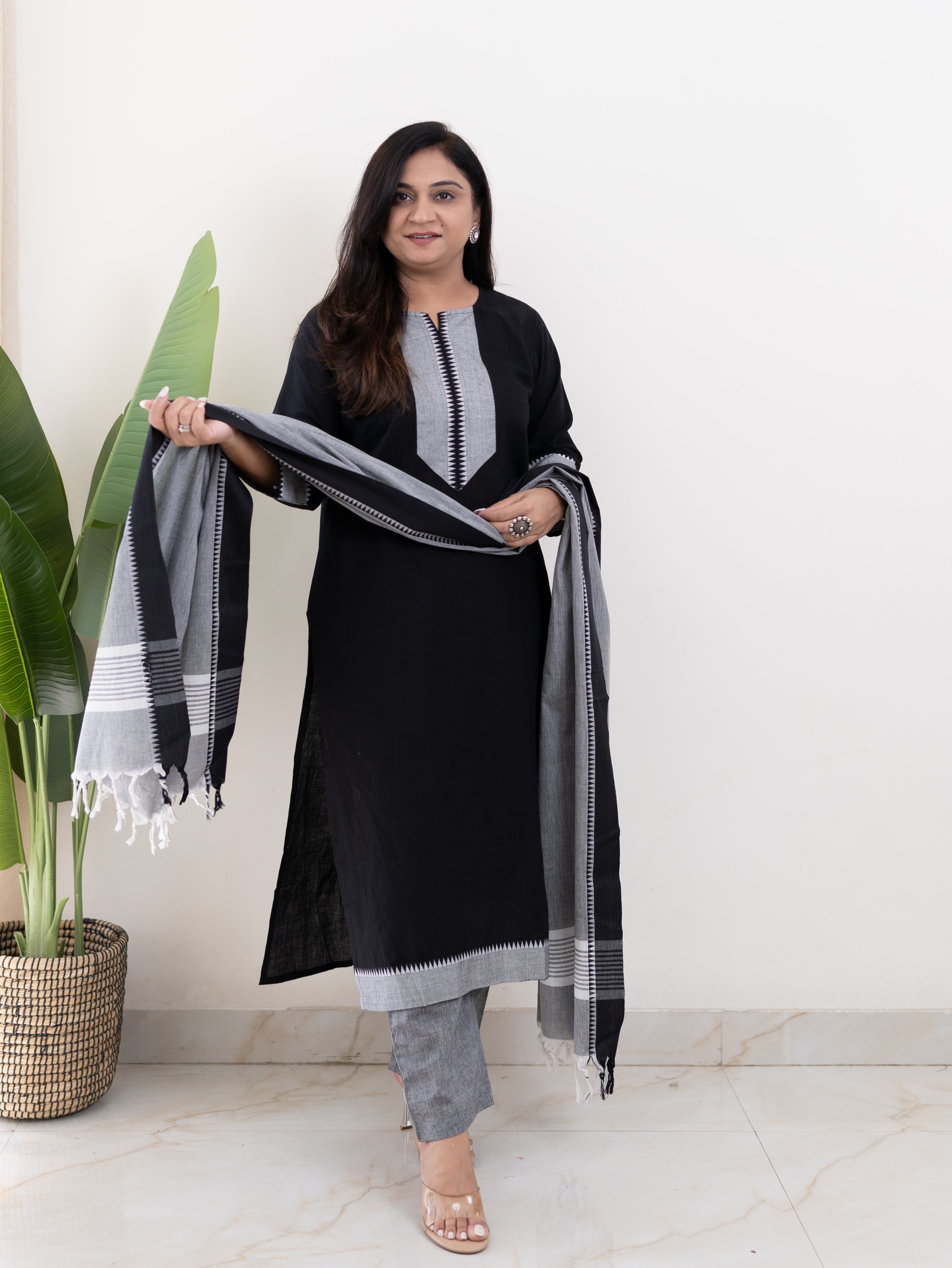 Adrita Black Handloom Cotton Straight Pant Set