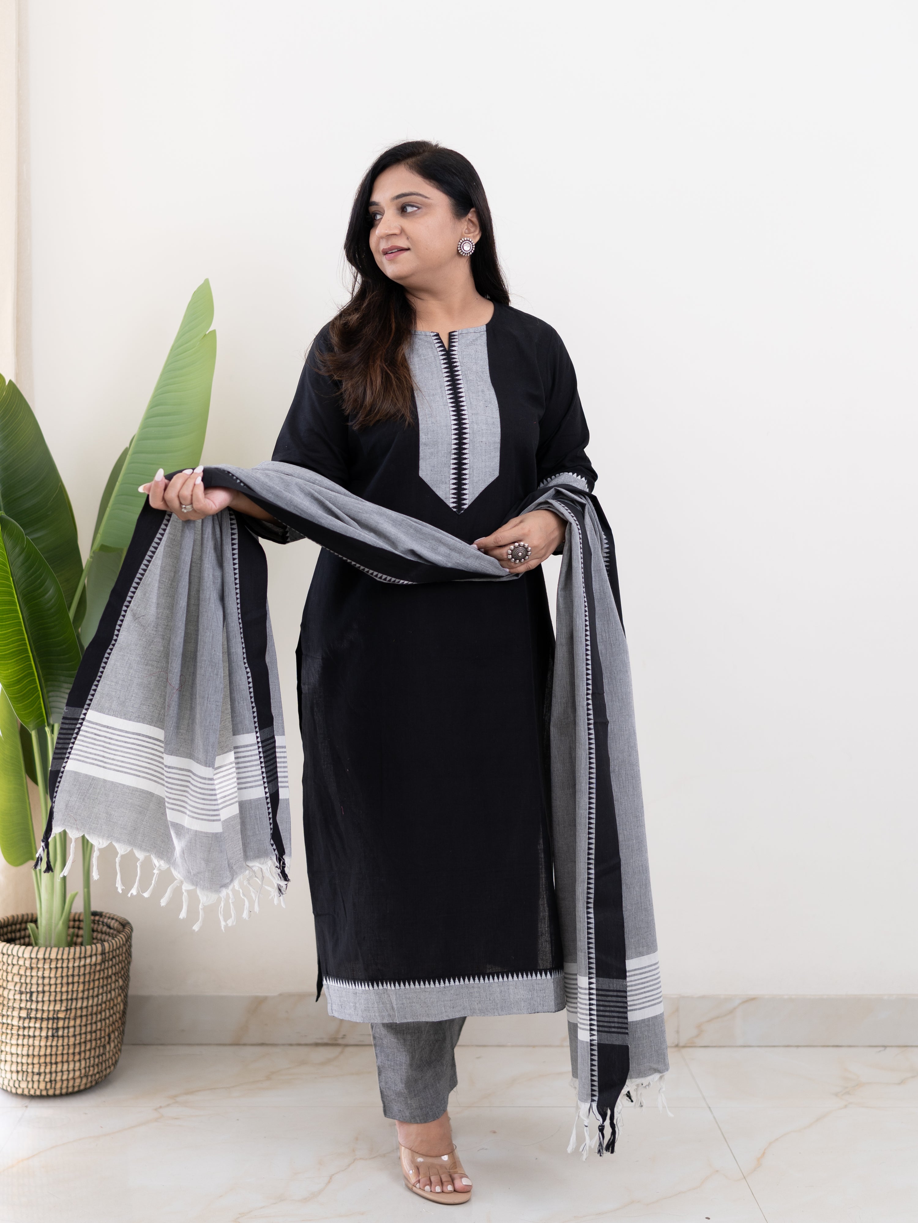 Adrita Black Handloom Cotton Straight Pant Set