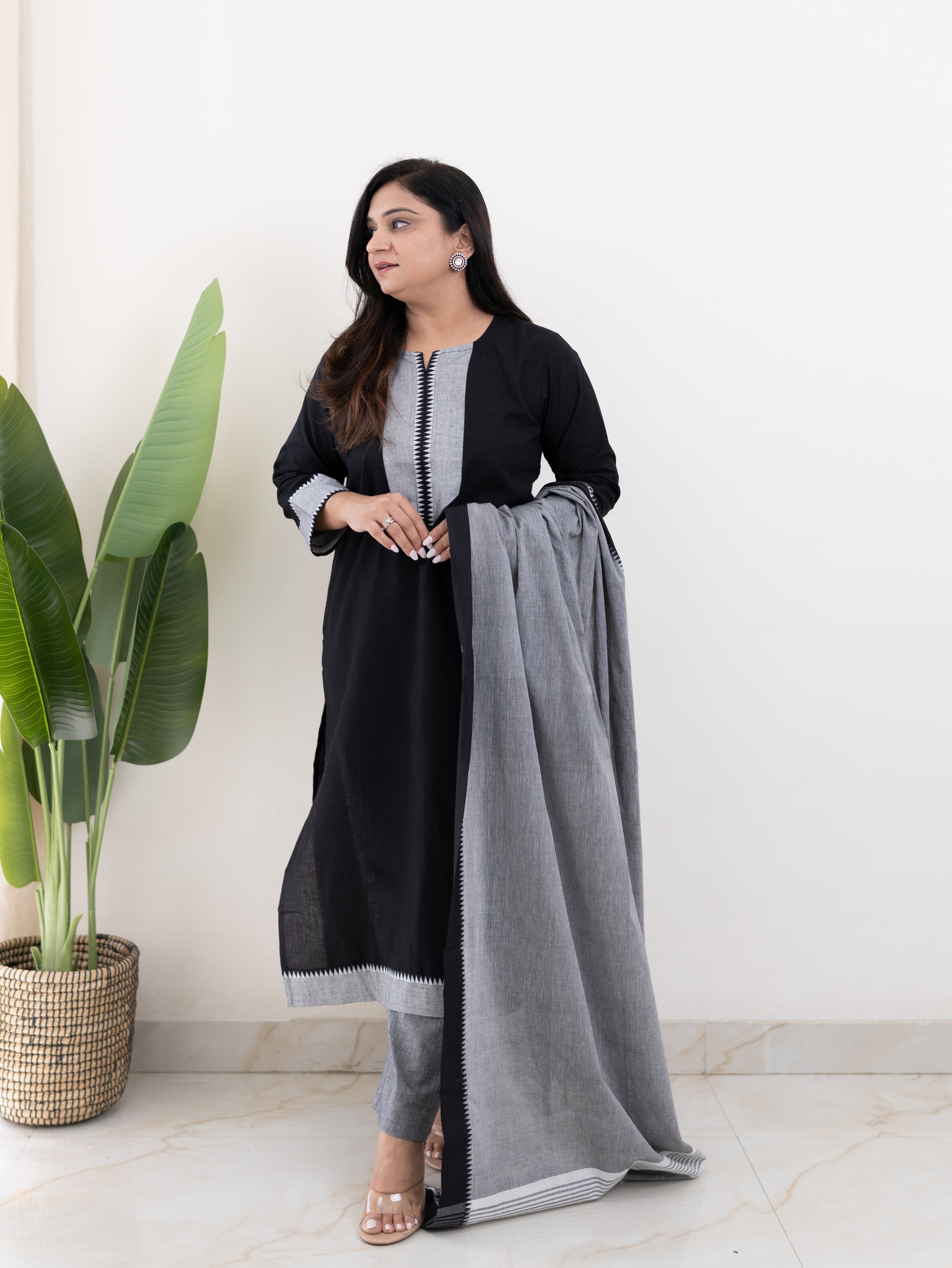 Adrita Black Handloom Cotton Straight Pant Set