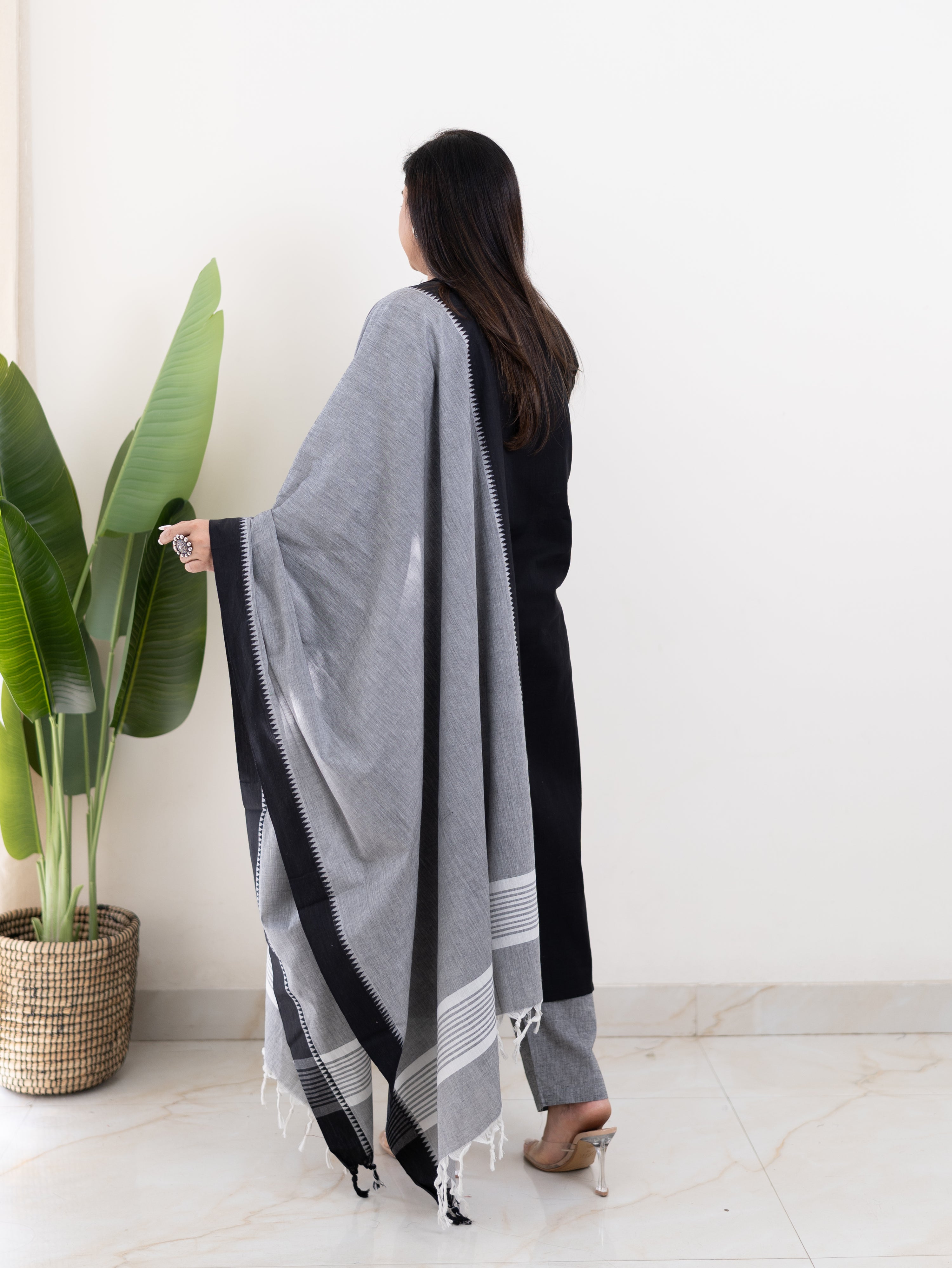 Adrita Black Handloom Cotton Straight Pant Set