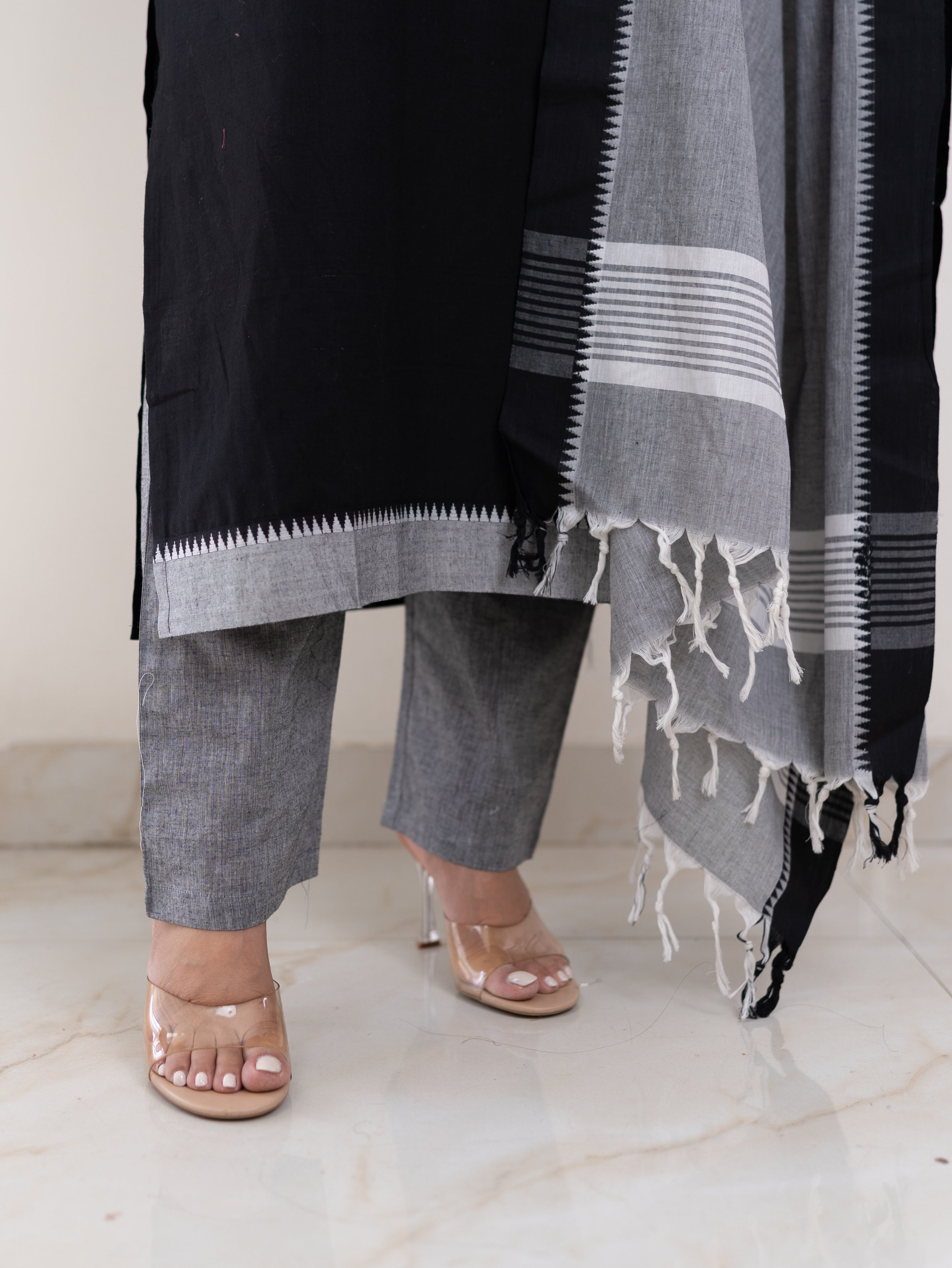 Adrita Black Handloom Cotton Straight Pant Set