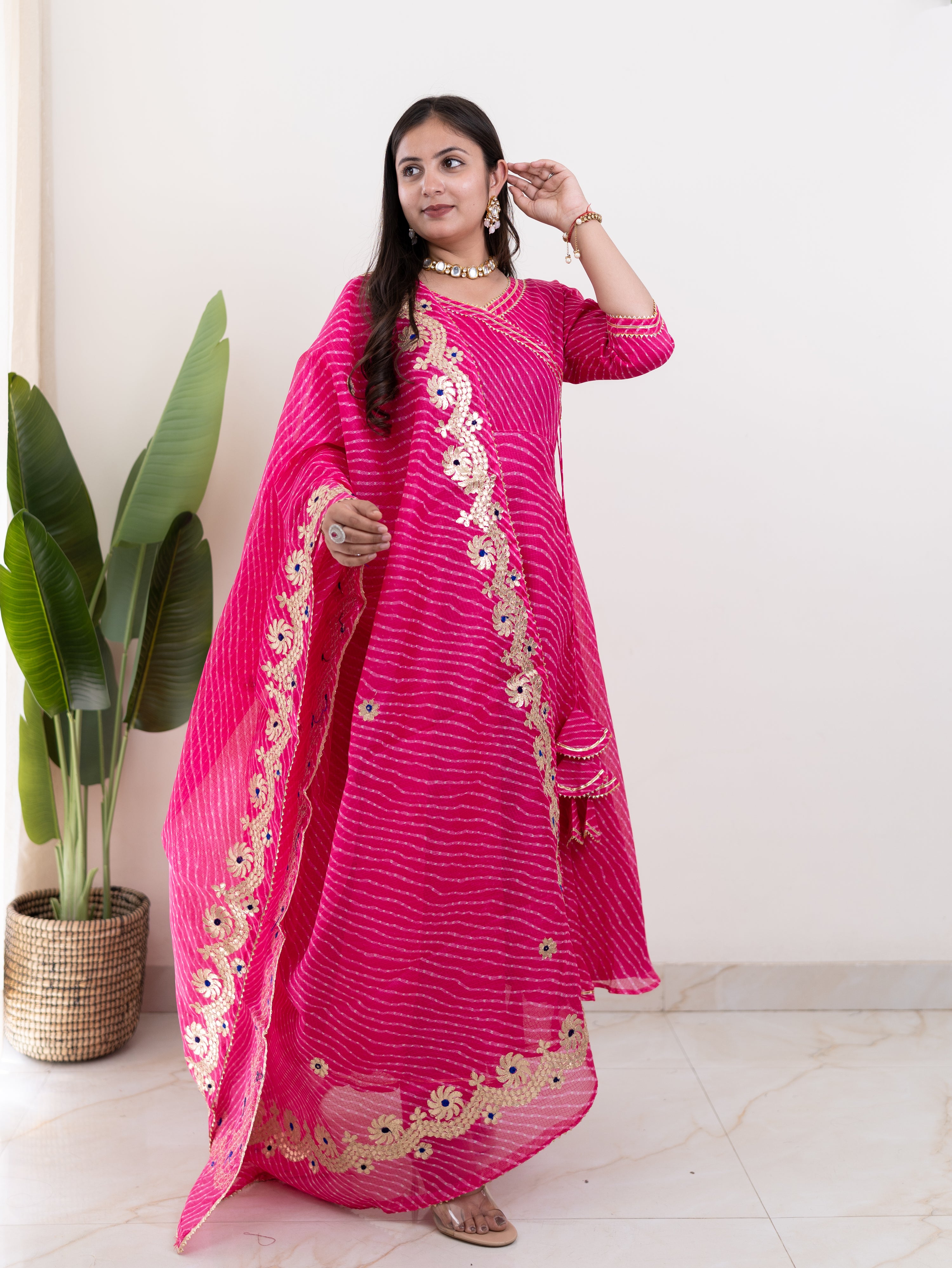 Mahira Pink Kota Doria Leheriya Gotta Detailed Anarkali Set