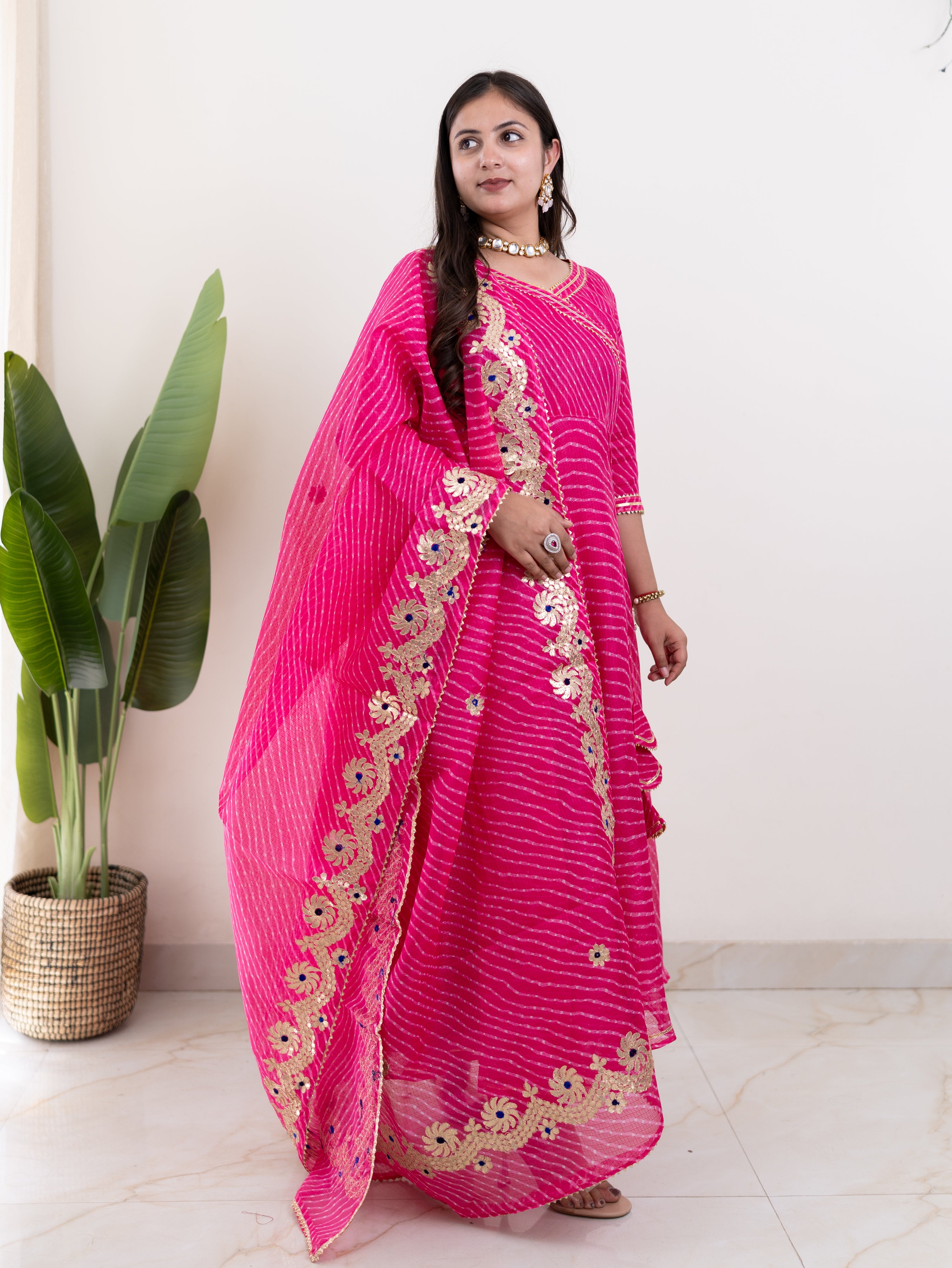 Mahira Pink Kota Doria Leheriya Gotta Detailed Anarkali Set