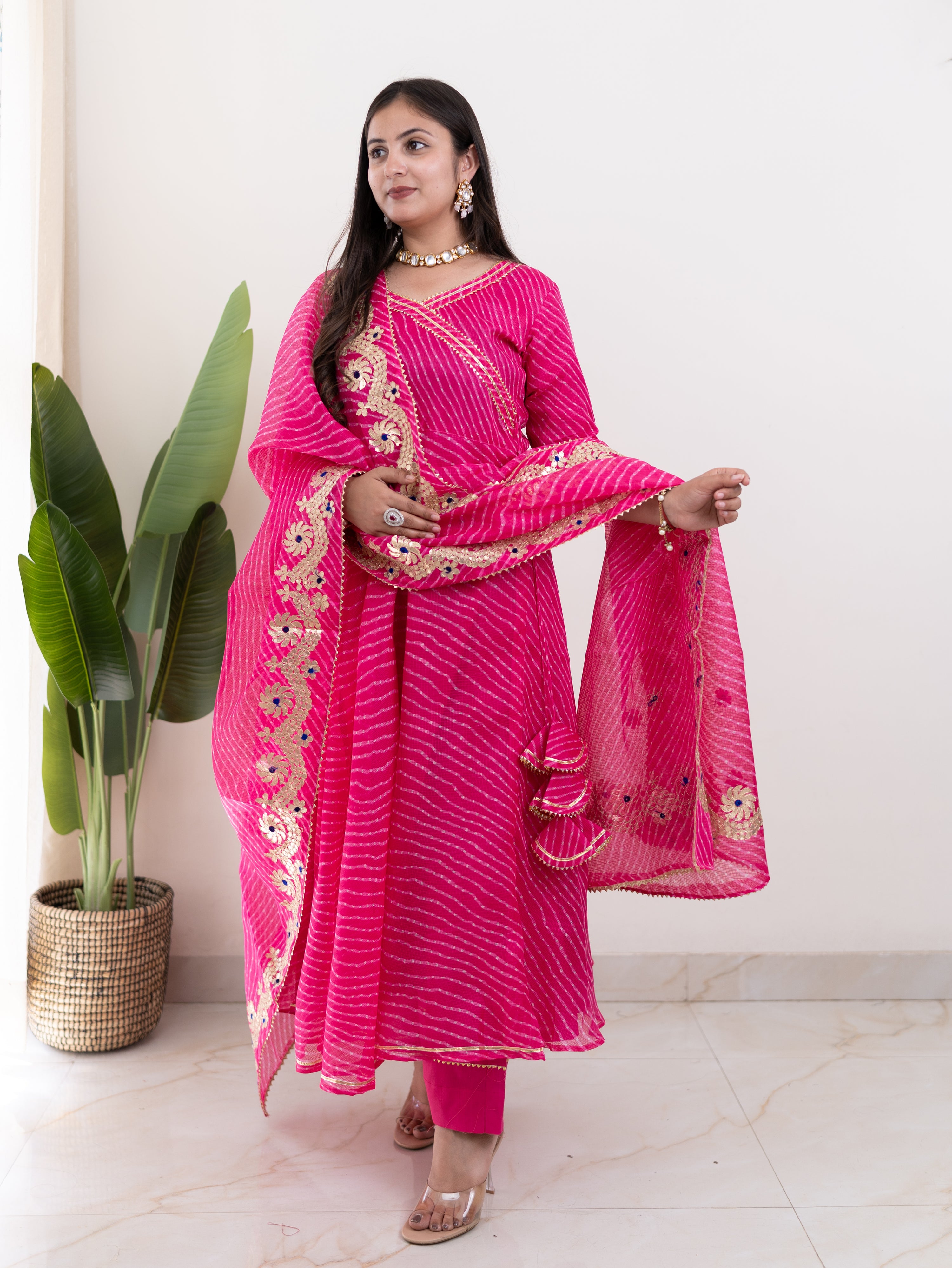 Mahira Pink Kota Doria Leheriya Gotta Detailed Anarkali Set
