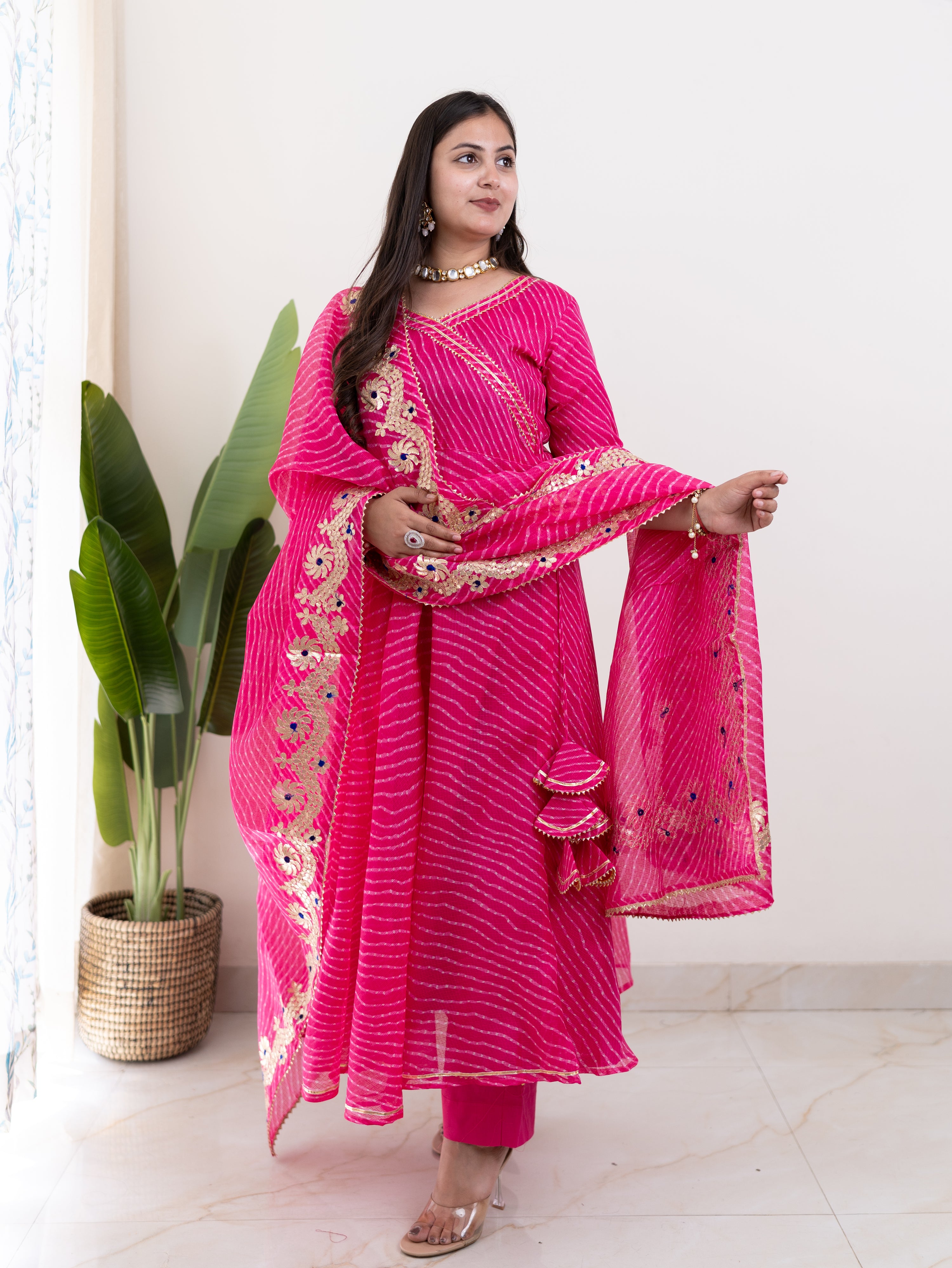 Mahira Pink Kota Doria Leheriya Gotta Detailed Anarkali Set