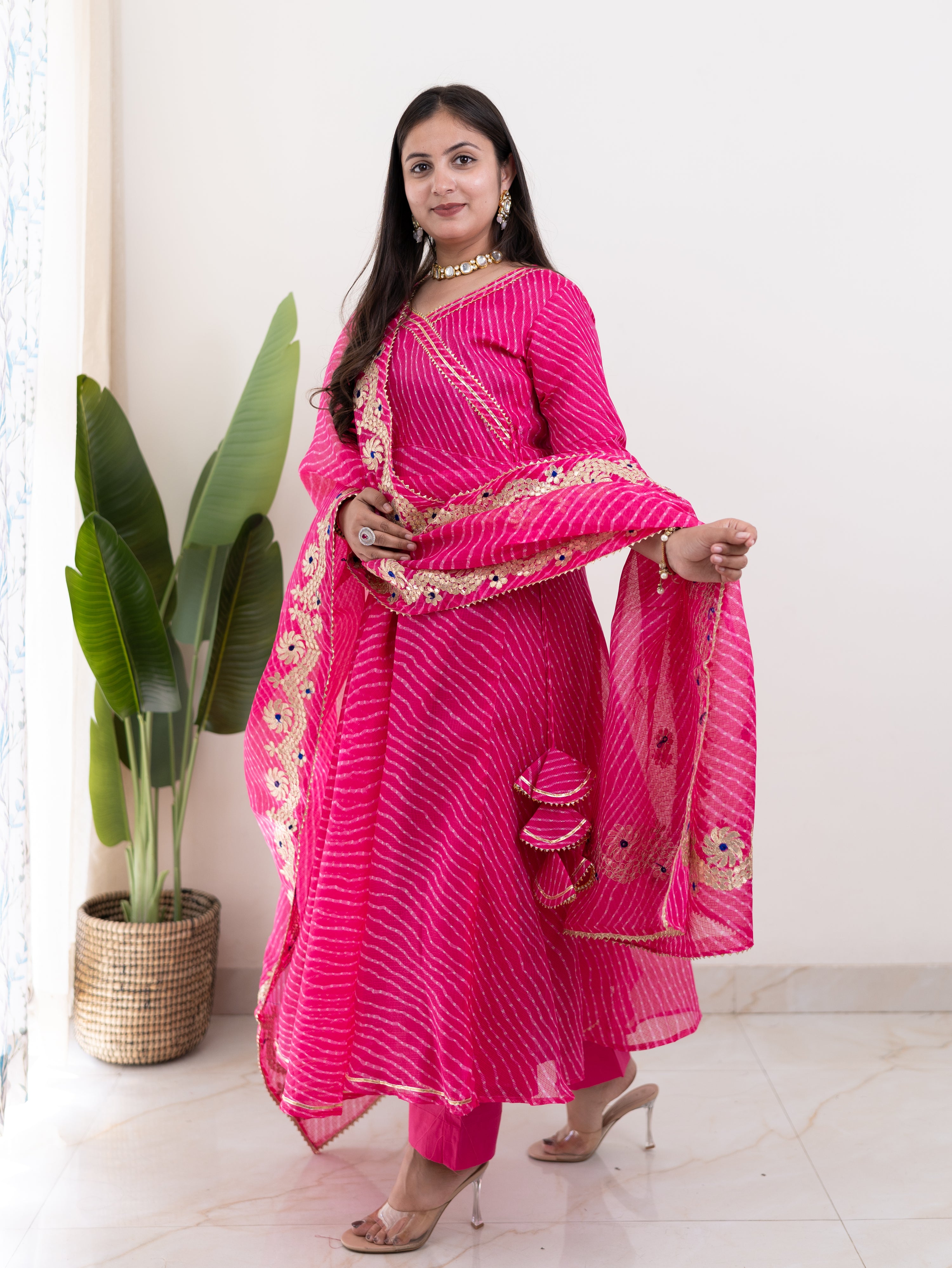 Mahira Pink Kota Doria Leheriya Gotta Detailed Anarkali Set