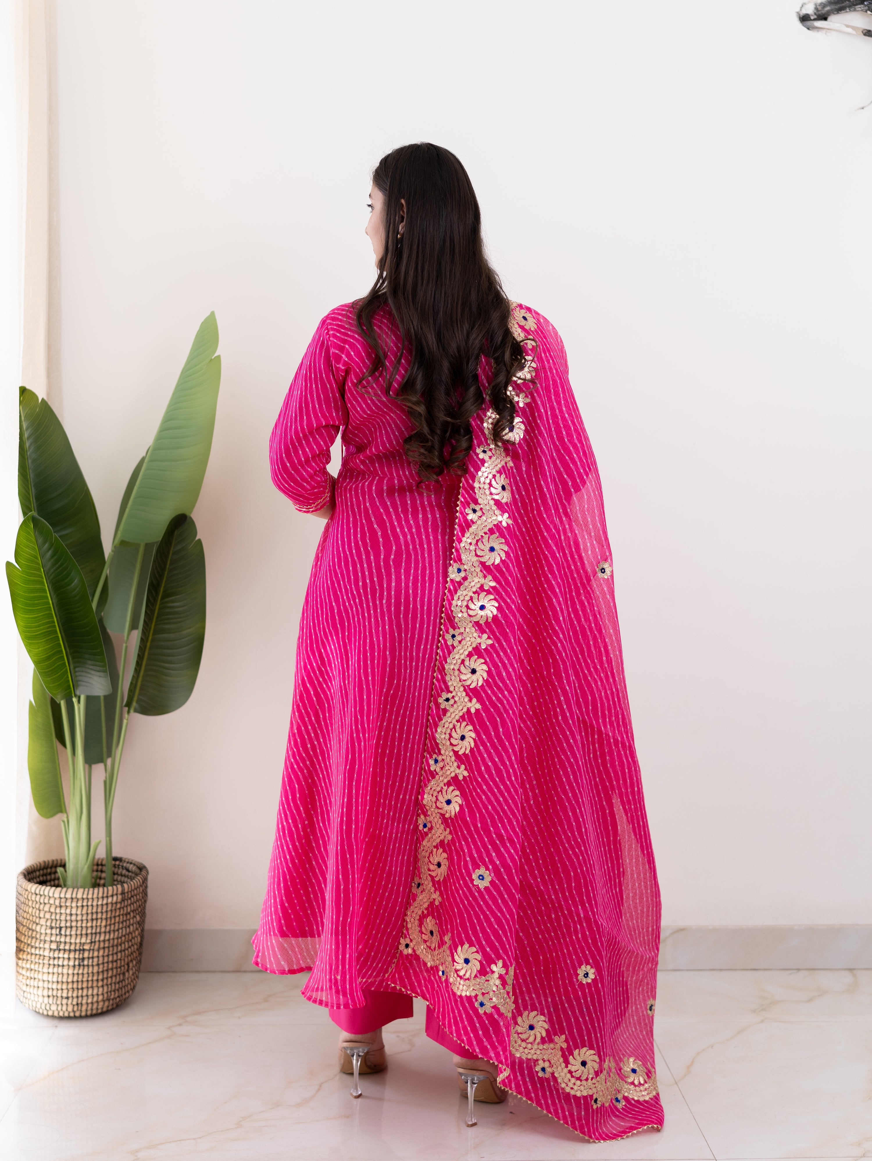 Mahira Pink Kota Doria Leheriya Gotta Detailed Anarkali Set
