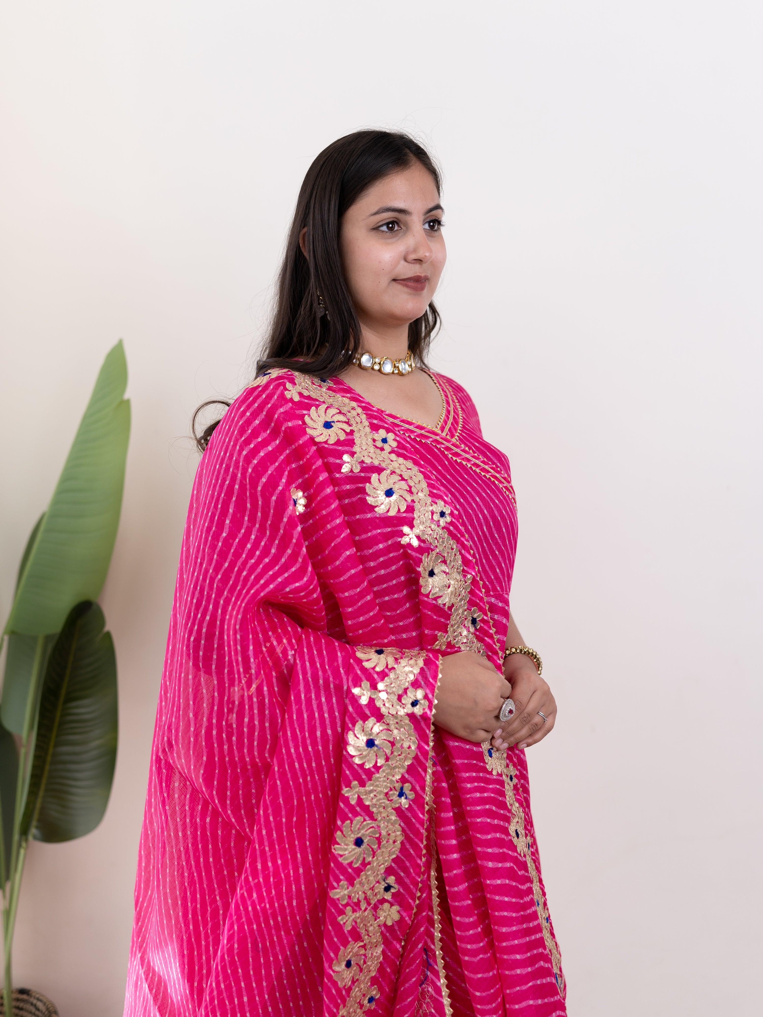 Mahira Pink Kota Doria Leheriya Gotta Detailed Anarkali Set