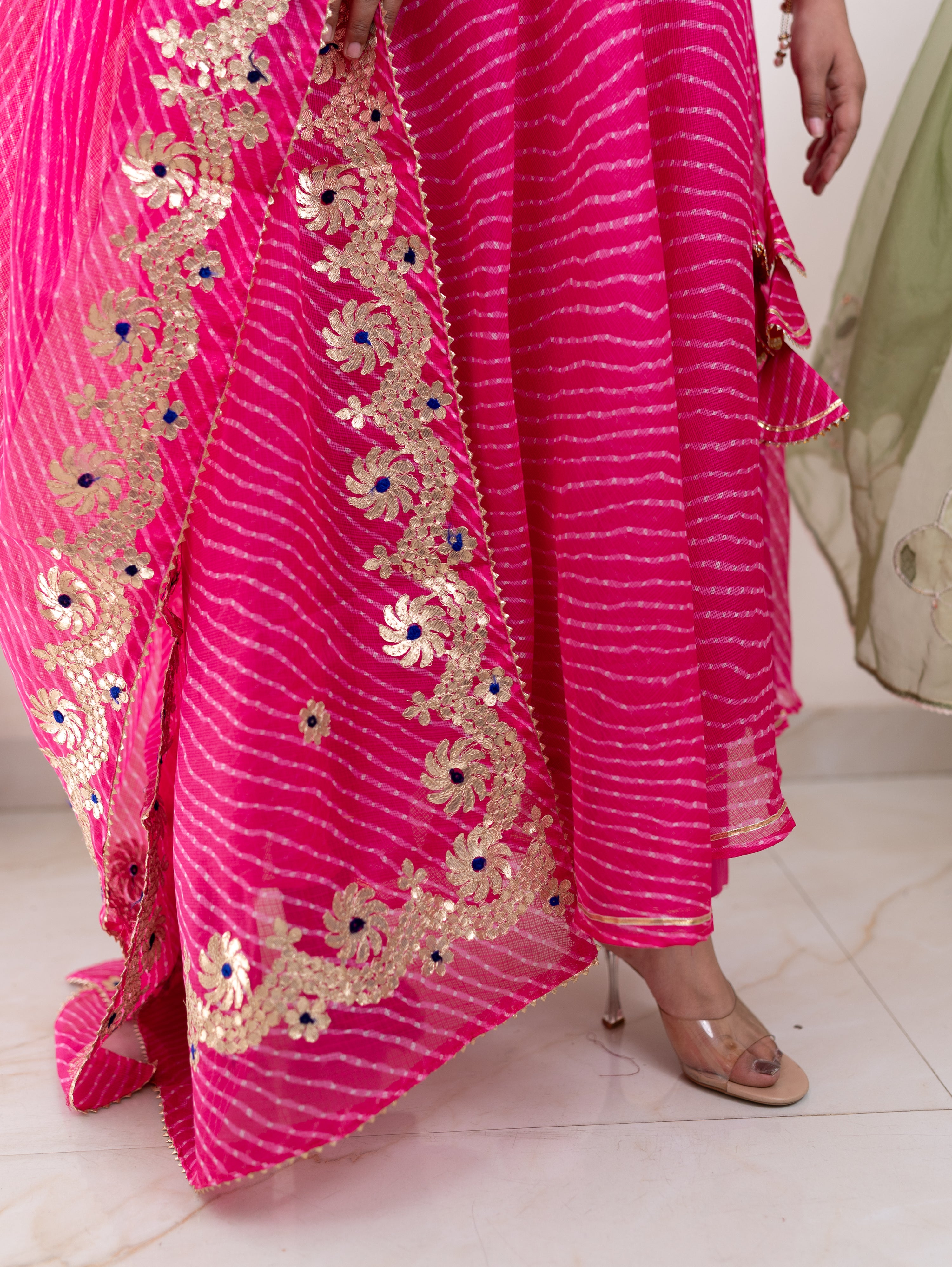 Mahira Pink Kota Doria Leheriya Gotta Detailed Anarkali Set